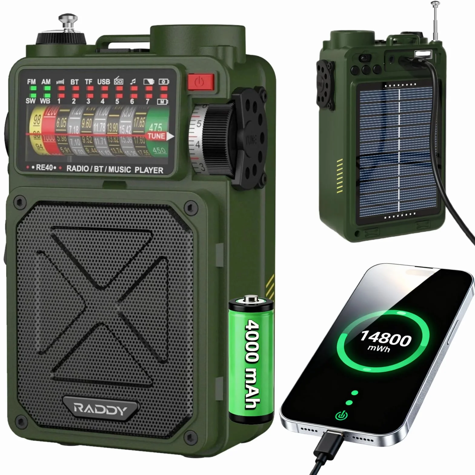 Radio krótkofalowe Raddy RE40 Odbiornik FM/AM/SW 4000mAh BT Głośnik z Korbą Biały Szum SOS