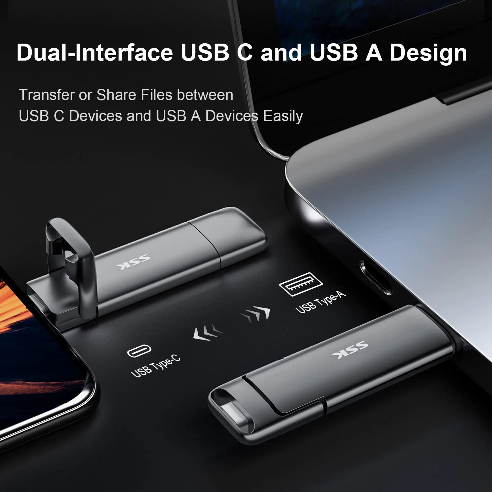 SSK 500 GB SSD USB-C Stick 1000 MB/s, zewnętrzny dysk twardy SSD USB 3.2 Gen 2 do iPhone 15/PS4/Android/Tablet/Windows/Mac