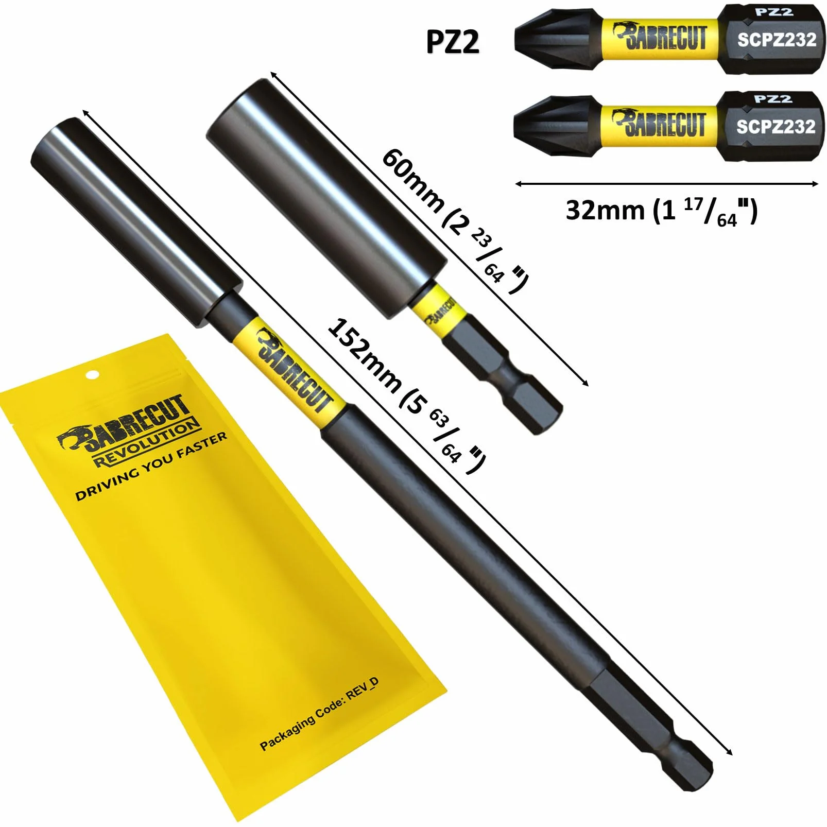 4 sztuki SabreCut SCRK1 magnetyczne 60 mm i 152 mm profesjonalne uchwyty do bitów udarowych z 2 x 32 mm wkrętakami PZ2 kompatybilne z Dewalt, Milwaukee, Makita, Bosch i innymi