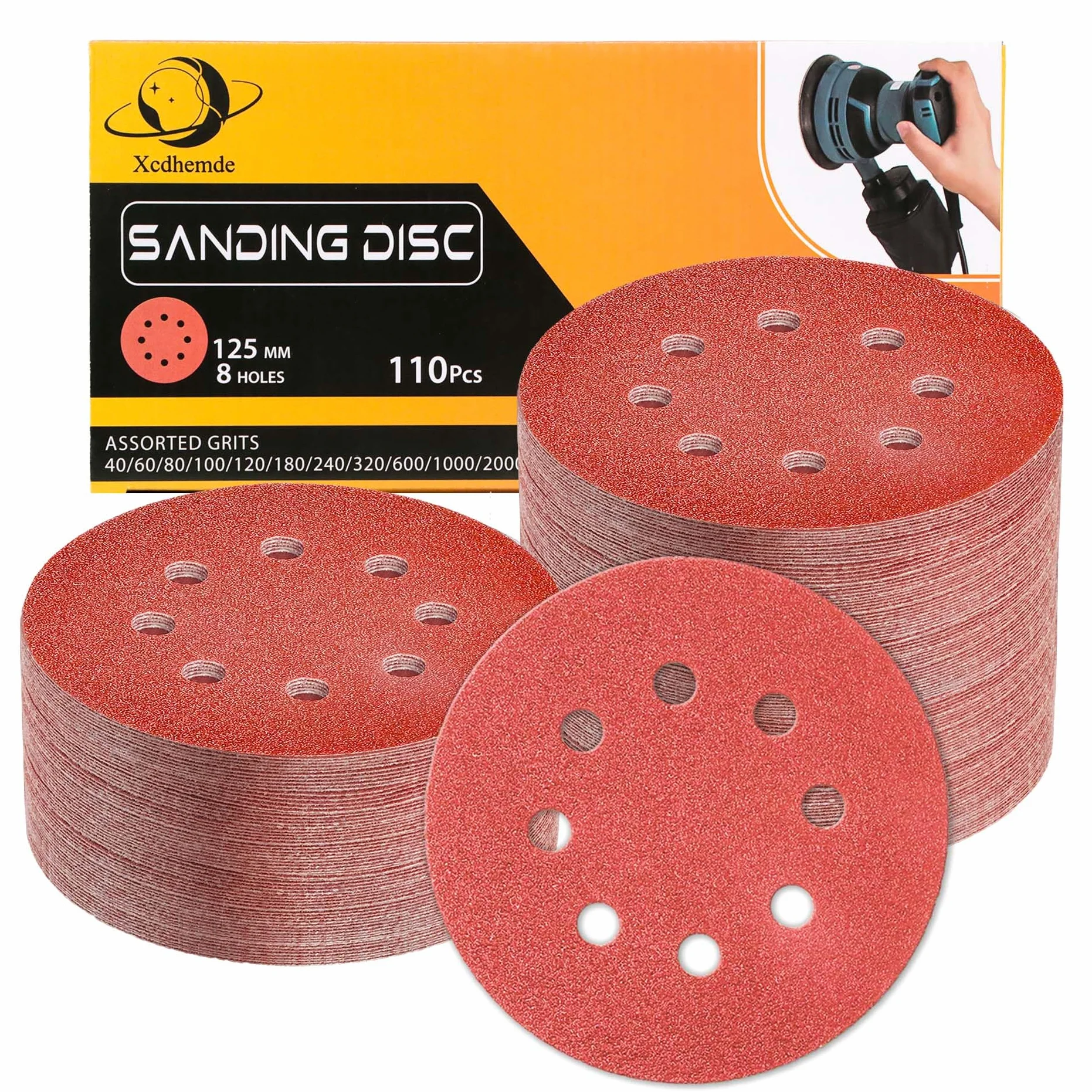 110 sztuk Papier ścierny 125 mm, Krążki ścierne, ziarnistość 40/60/80/100/120/180/240/320/600/1000/2000, mocowane na rzep krążki szlifierskie, 8 otworów okrągłych, do szlifierek mimośrodowych