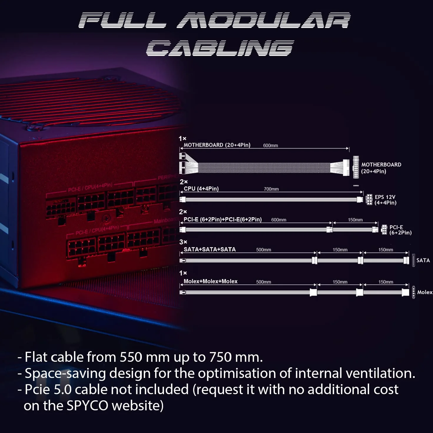 SPYCO Typhoon PS-1001, Gaming PSU 1000W, 80 PLUS Platinum, Full Modular, niskoszumowy, zasilacz ATX, wentylator Super Silent, kondensatory 105°C, kable Flat, Port PCIe 5.0
