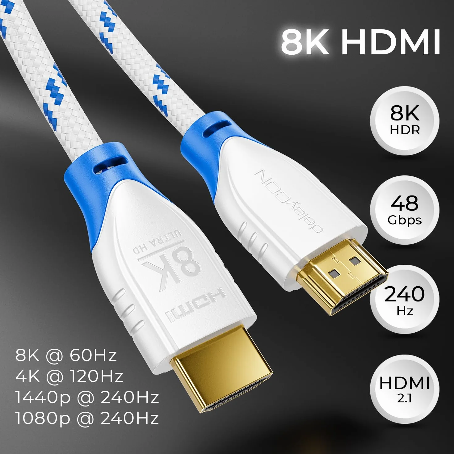 deleyCON 8K HDMI 2.1 Krótki Kabel 0,5m 48G ULTRA Highspeed 8K@60Hz 4K@120Hz Biały