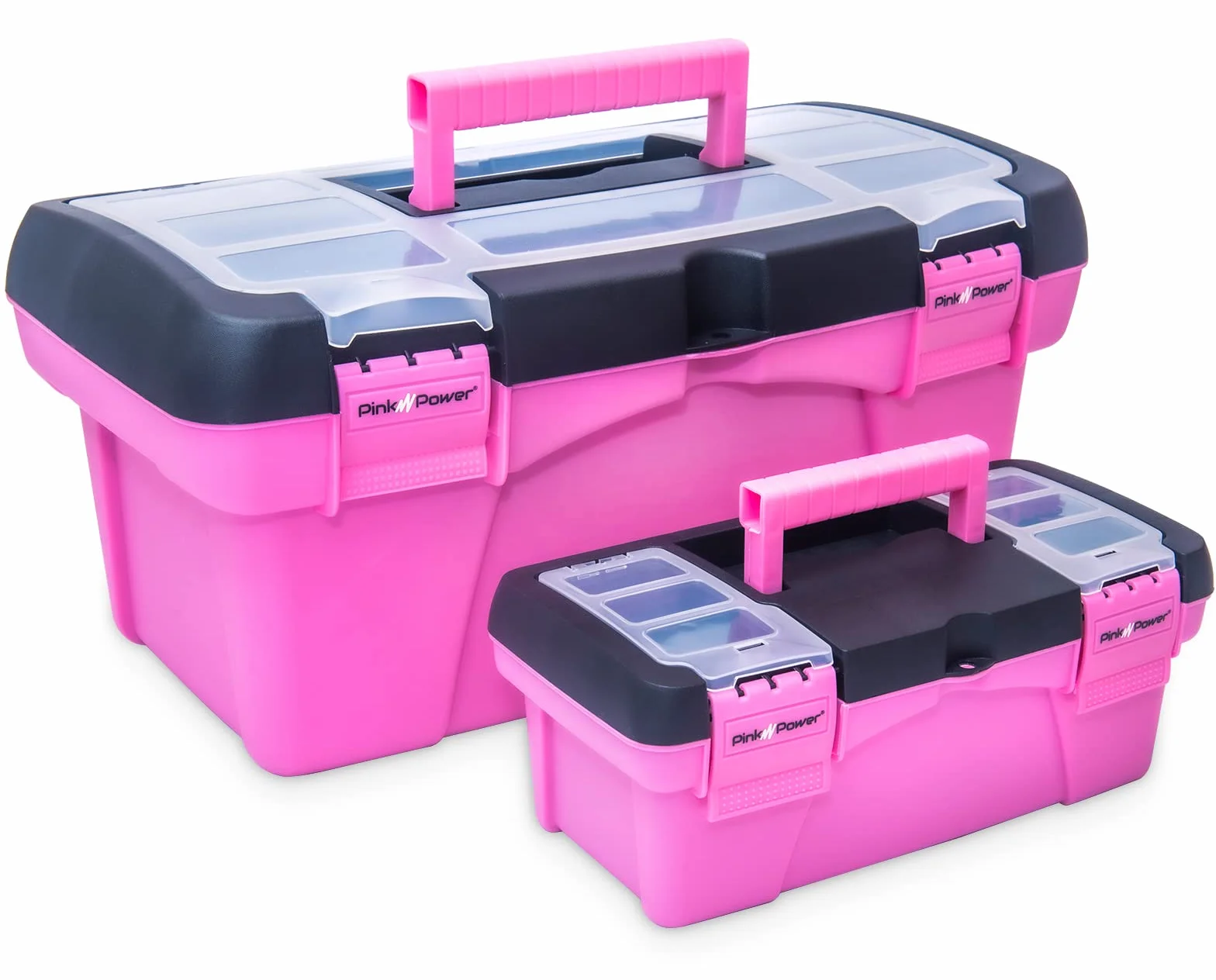 Pink Power Pink Tool Box for Women - Sewing, Art & Craft Organizer Box Small & Large Plastic Tool Box with Handle - Pink Toolbox Sewing Box Tool Storage Box - Portable Mini Locking Tool Boxes (2 Pack)