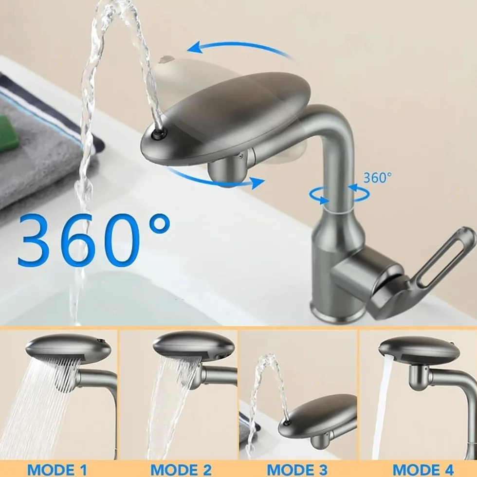 QHQQXN Wielofunkcyjny, obracany o 360° kran wodospadowy — 4 tryby strumienia, bateria mieszająca ciepłą i zimną wodę do zlewu w łazience — elegancki ciemnoszary, stylowe i praktyczne akcesorium