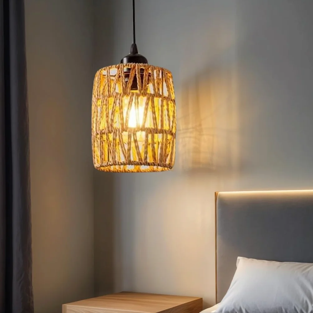 Abażur rattanowy, 2 sztuki abażuru boho brązowego, abażur zastępczy do lampy stołowej, akcesoria do lamp wiszących, lamp sufitowych, lamp wiszących, lamp stojących, wys. 15 cm, Ø 12 cm (2