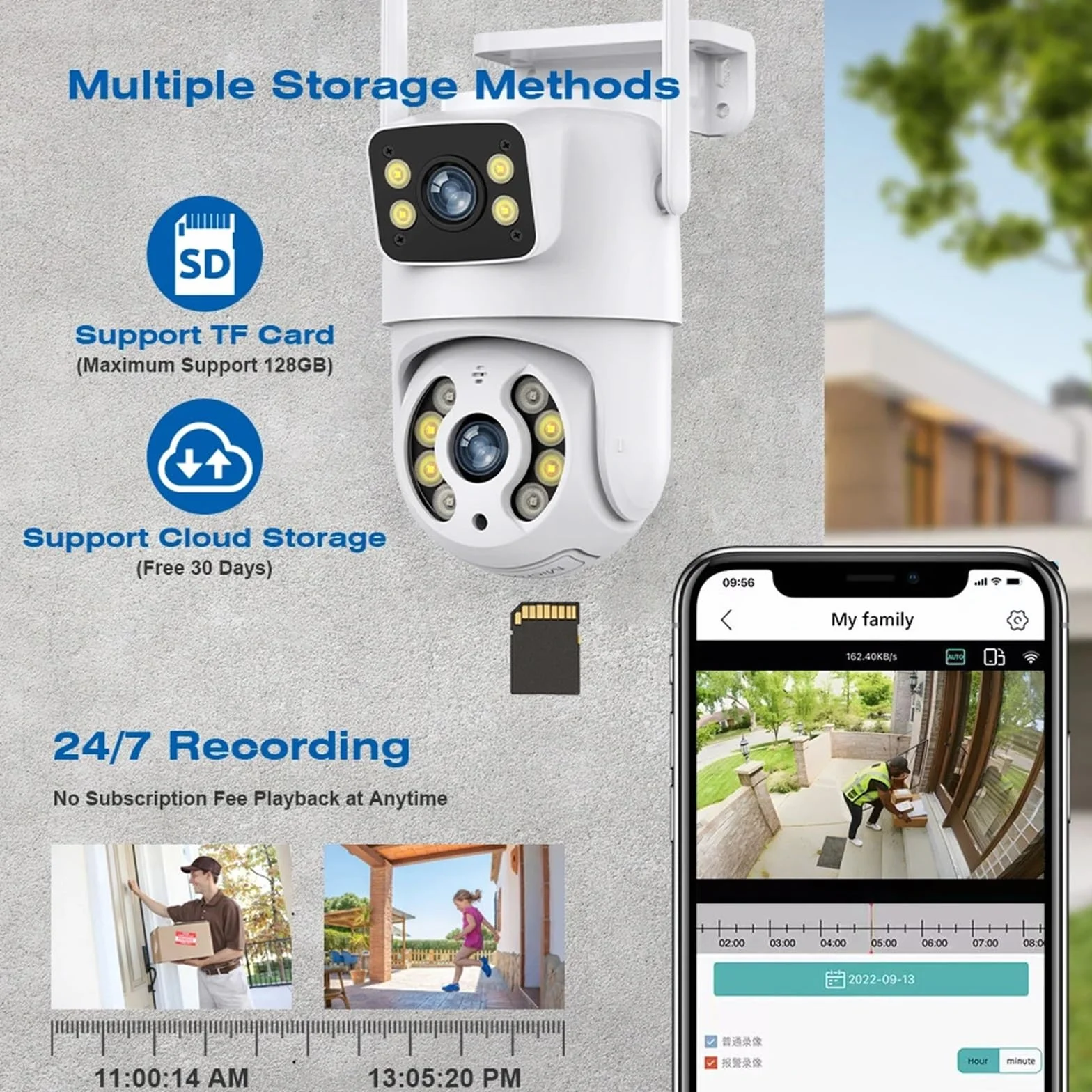 Kamera IP WiFi 6MP z podwójnym obiektywem, zewnętrzna, bezprzewodowa, do monitoringu domu, z wykrywaniem osób, z podwójnym ekranem(ADD 64G)