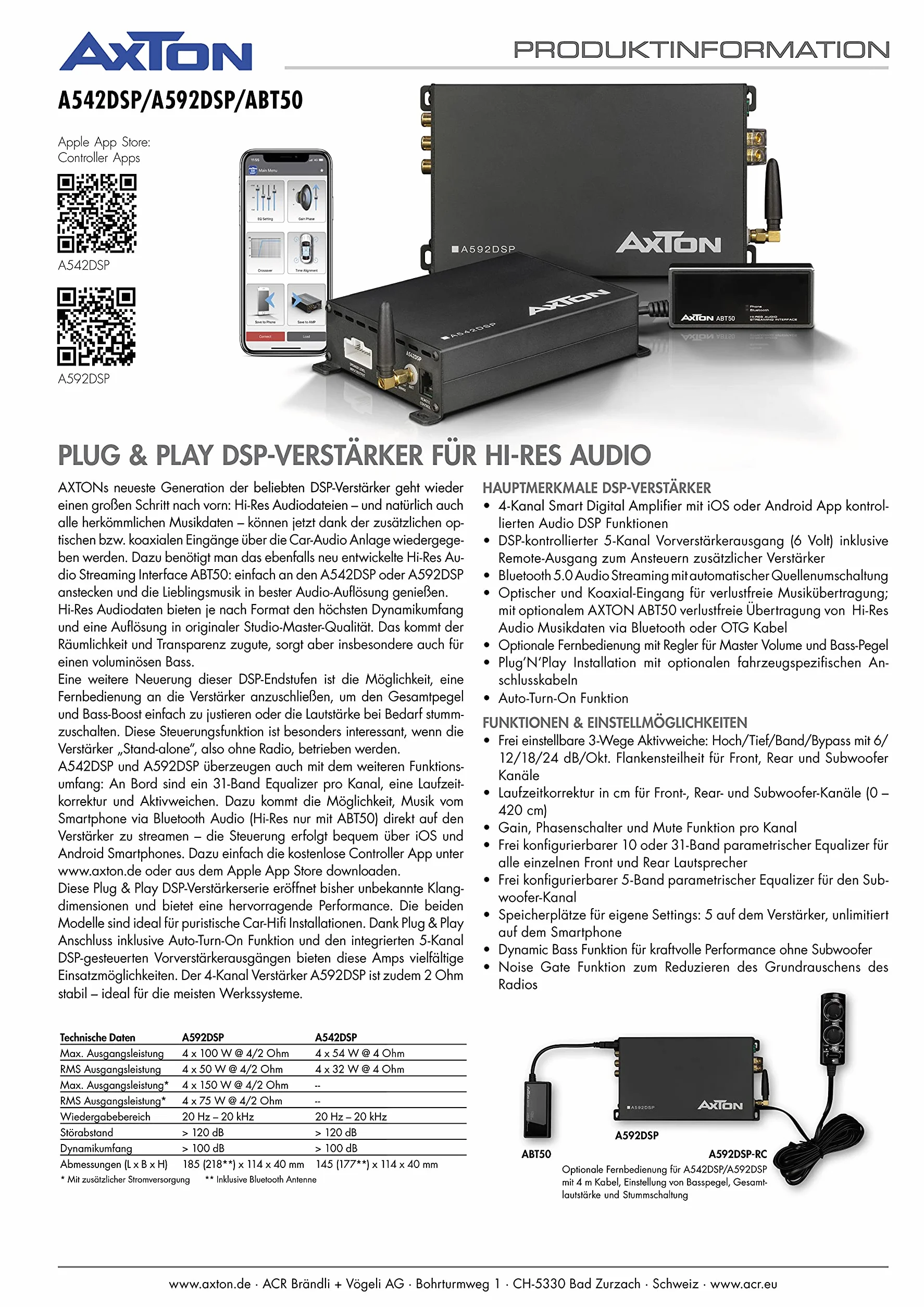 AXTON A592DSP 4-kanałowy wzmacniacz z DSP 4 x 150 W Bluetooth Audio Streaming Hi-Res Audio