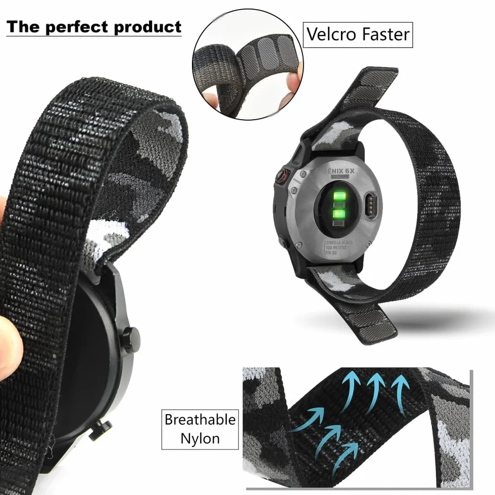 Nylonowy pasek 22 mm do zegarka Garmin Fenix 7/7Pro/Sapphire Solar/Fenix 8/E/5/5 Plus/6 Pro Sapphire GPS/Quatix 5/7 Pro/8/Tactix/Ddescent G1 Solar Letel/G2, QuickFit zapasowy pasek do