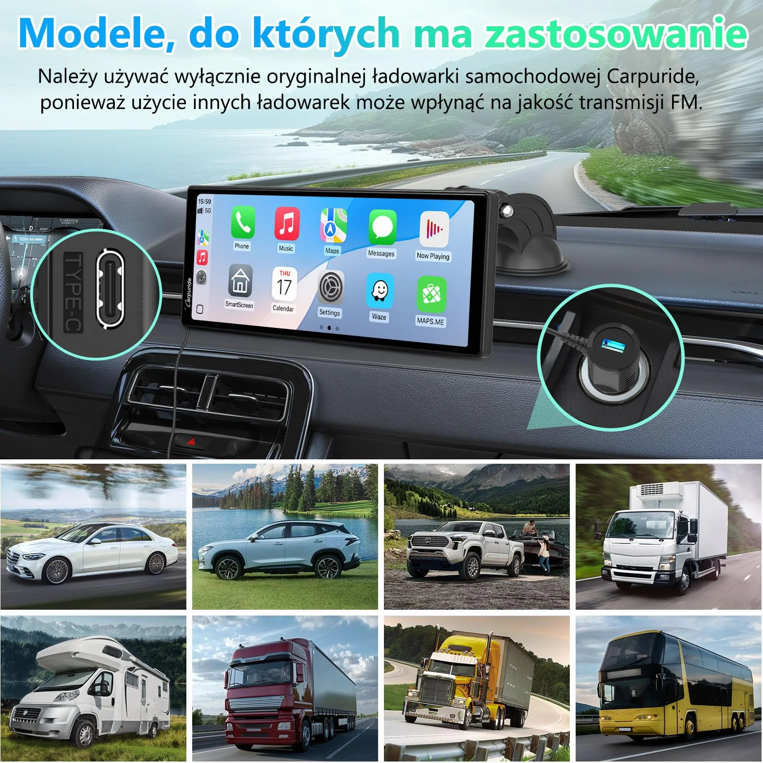 Carpuride V92R Przenośny Ekran Carplay 10,26-calowy HD 1080P Bezprzewodowy Android Auto z Kamerą Cofania 720P