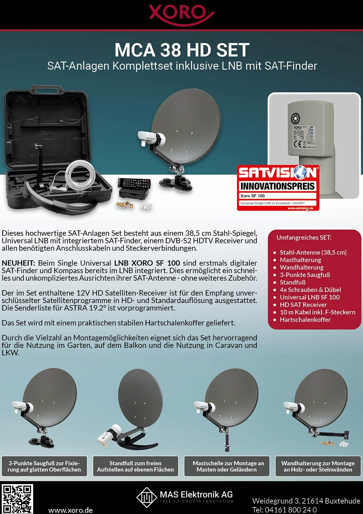 XORO 38,5 cm kempingowa antena satelitarna MCA 38 HD, w zestawie odbiornik DVB-S2 FullHD, pojedynczy LNB ze zintegrowanym satfinderem, kablem 10 m, uchwytami, w twardej obudowie