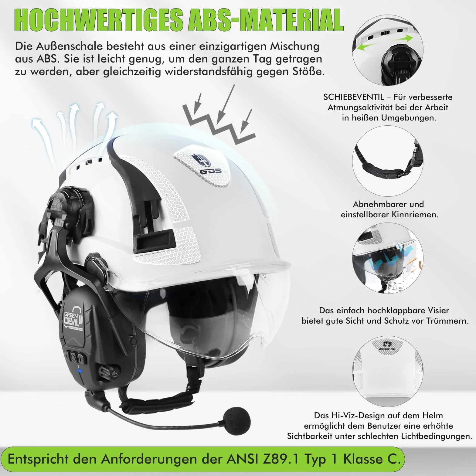 GREEN DEVIL X-Armor kask ochronny z aktywną ochroną słuchu i przezroczystym wizjerem, kask roboczy ABS, EN 397, kask przemysłowy zgodny z normą EN352 SNR 32 dB z Bluetooth
