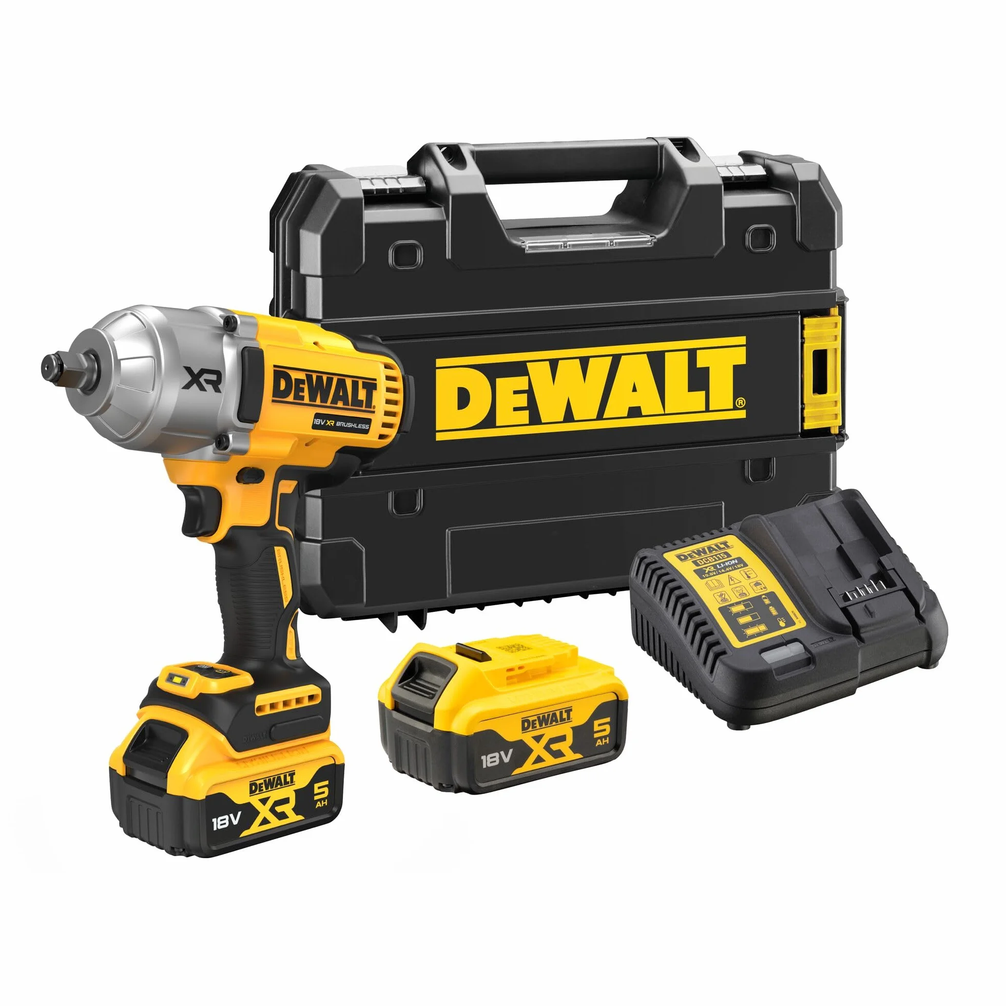 DEWALT Bezszczotkowy klucz udarowy XR 18V 1/2 „High Par 1,356 Nm z pierścieniem ustalającym z 2 bateriami litowo-jonowymi 5Ah z obudową TSTAK II