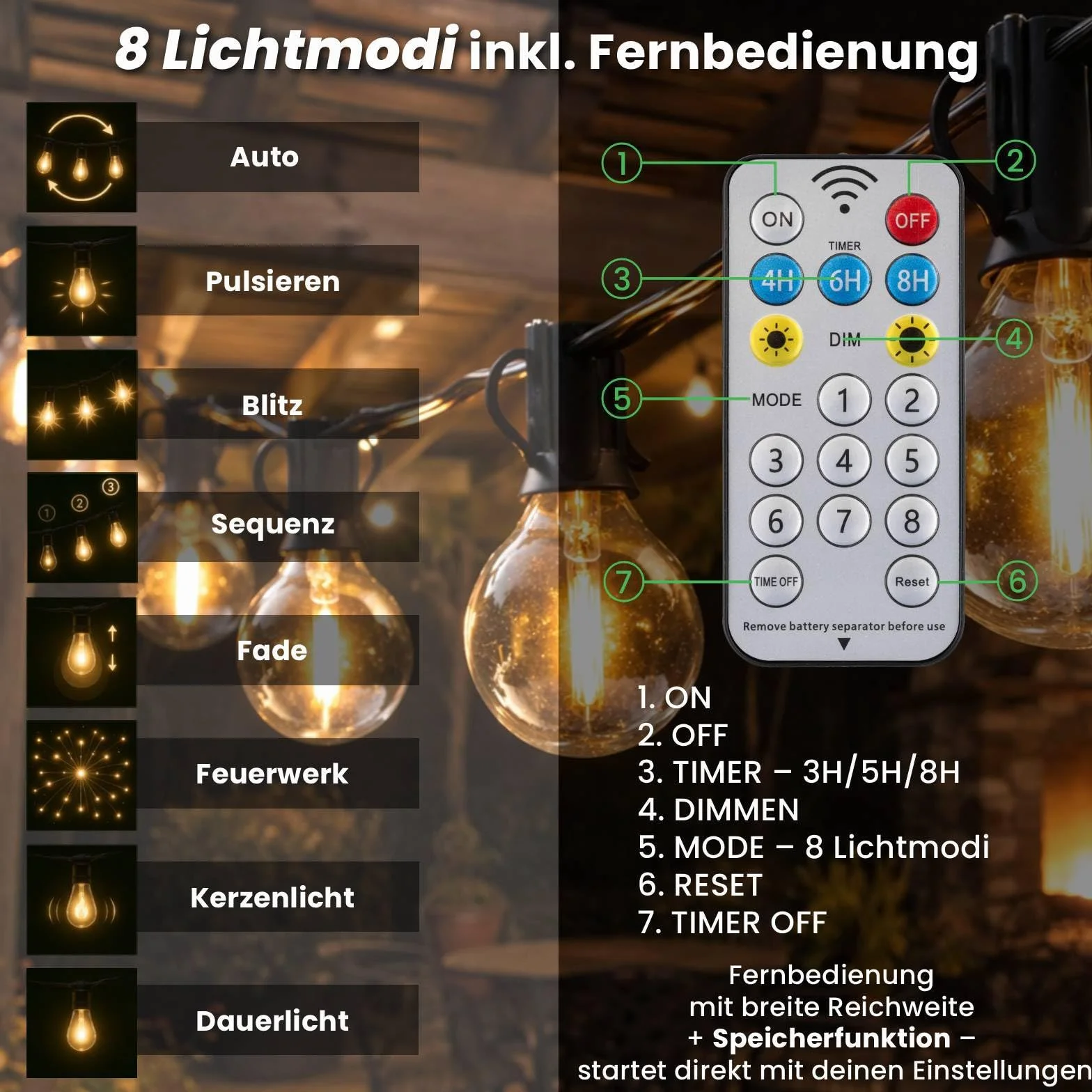 Lumiled Solarny łańcuch świetlny na zewnątrz 20 + 2 żarówki zapasowe x G40 LED 10,55 M z pilotem Solarny łańcuch świetlny Oświetlenie ogrodowe na zewnątrz IP44 Ciepła biel 2700K Żarówki 8 trybów pracy