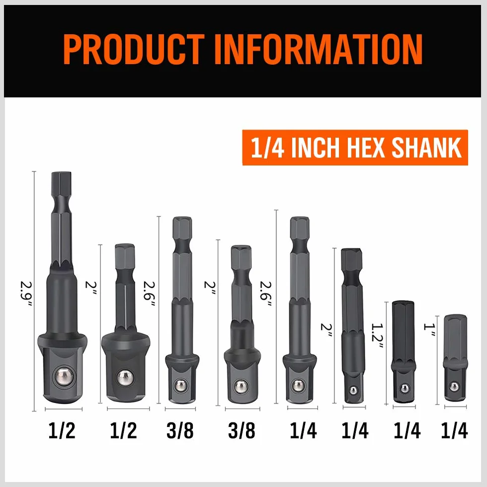 HORUSDY 8-teilige Bohrmaschinen-Adapter-Sets, Sechskantschaft Schlagschrauber-Stecknuss Adapter, Stecknuss auf Bohradapter 1/4 Zoll 3/8 Zoll 1/2 Zoll Schlagschrauberadapter