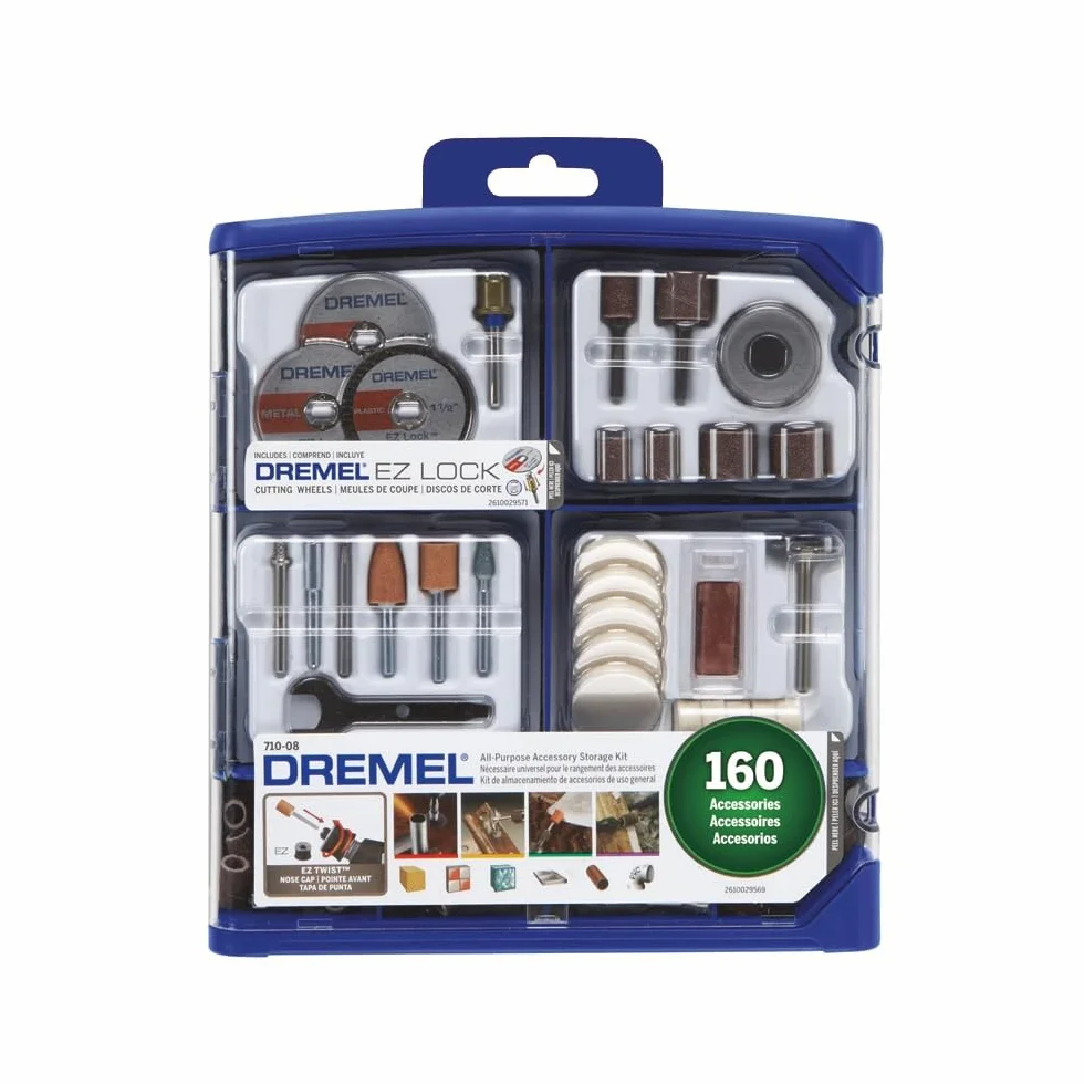 Dremel Zestaw akcesoriów do narzędzi obrotowych, 710-08-160 akcesoriów, technologia EZ Lock, trzpień 0,35 cm (1/8"), tarcza polerska i mieszanka, tarcza szlifierska i bęben, rzeźbienie, ostrzenie i