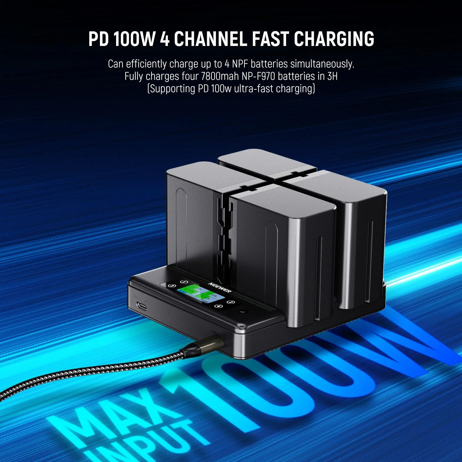 NEEWER NW-F4R 4-kanałowa ładowarka NP-F970 kompatybilna Sony NPF, PD100W podwójny USB C OLED