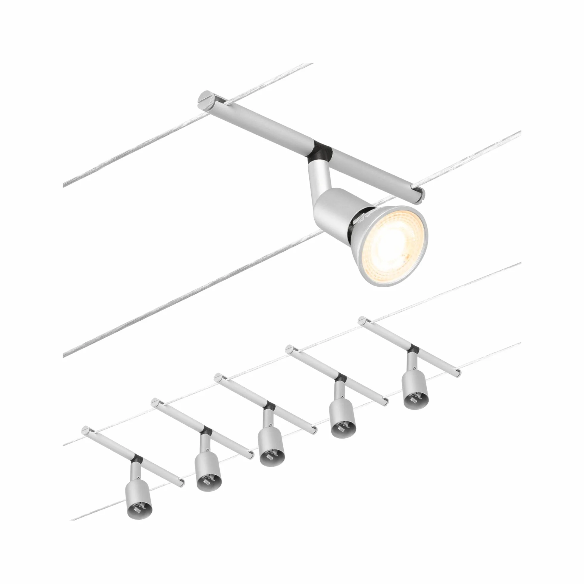 Paulmann 94442 CorDuo system linkowy Set Salt DC maks. 5 x 10 W, z możliwością rozbudowy, chromowany mat, linka metalowa, system linkowy, G5,3, bez żarówek.
