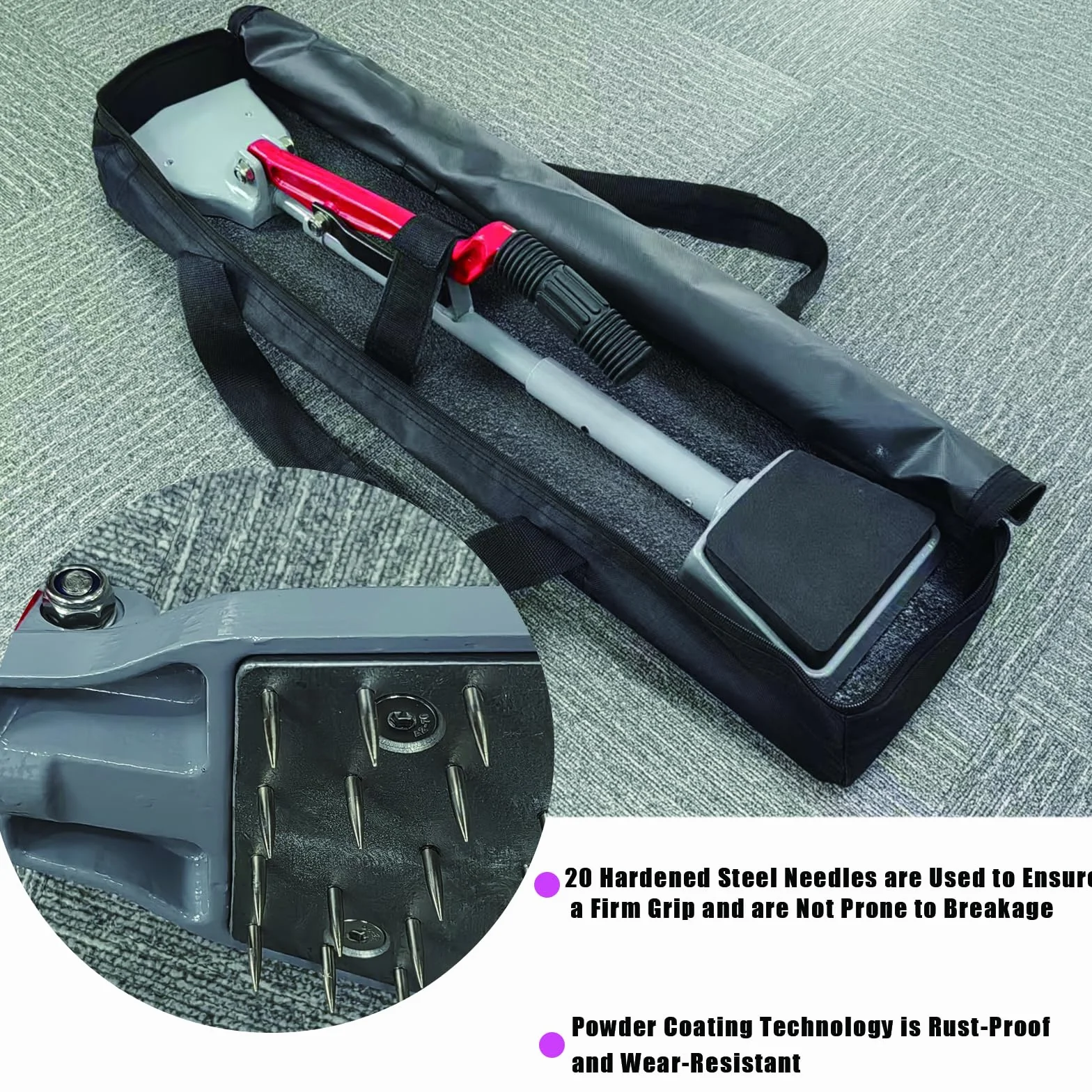 Kneeless Carpet Stretcher Rug Kicker – Zestaw Narzędzi do Montażu Dywanów z Rękawicami i Ochraniaczami na Kolana, Potrójne Zęby Uchwyty, Antypoślizgowa Rączka, Lekki i Przenośny do Remontu Domu