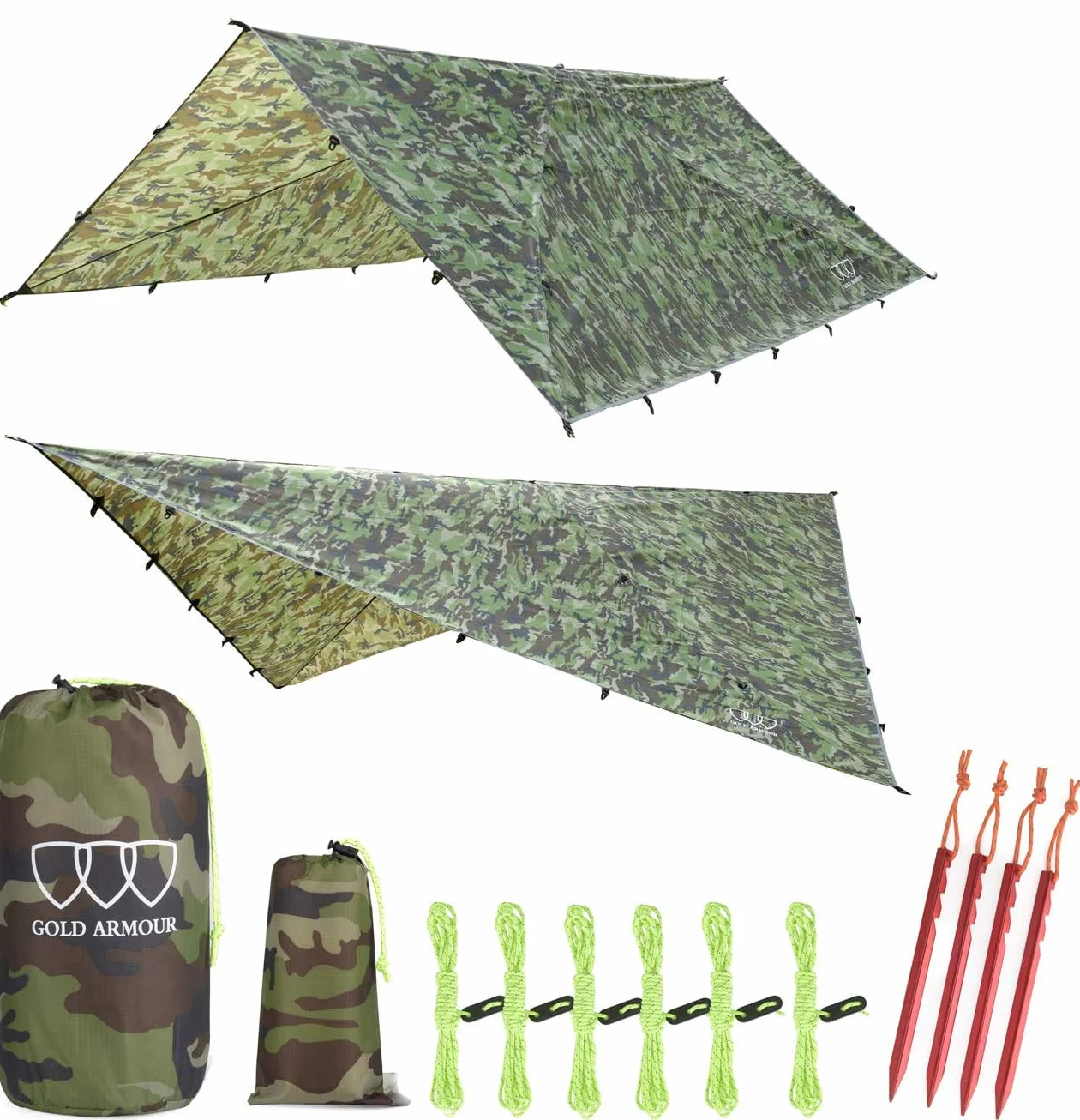 Gold Armour Rainfly Tarp do hamaka, wysokiej jakości osłona przeciwdeszczowa 4,5 m/ 3,5 m/ 3 m/ 2,5 m, wodoodporny, ultralekki sprzęt survivalowy i akcesoria do namiotu (moro, 3,5 × 3 m)