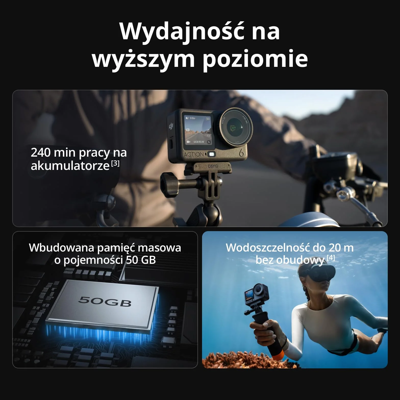 DJI Osmo Action 6 Essential Combo kamera sportowa 8K podwodna matryca 1/1,1″ pamięć 50 GB zmienna przysłona f/2,0–f/4,0 odporna na zimno 4h bateria