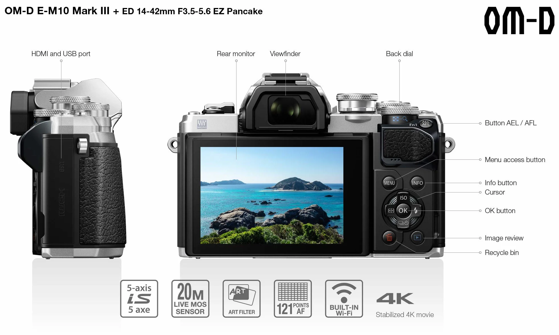 Olympus OM-D E-M10 Mark III Kit, Micro Four Thirds aparat systemowy (16 megapikseli, stabilizator obrazu, wizjer elektroniczny, wideo 4K) + M.Zuiko obiektyw zmiennoogniskowy 14-42 mm EZ, srebrny