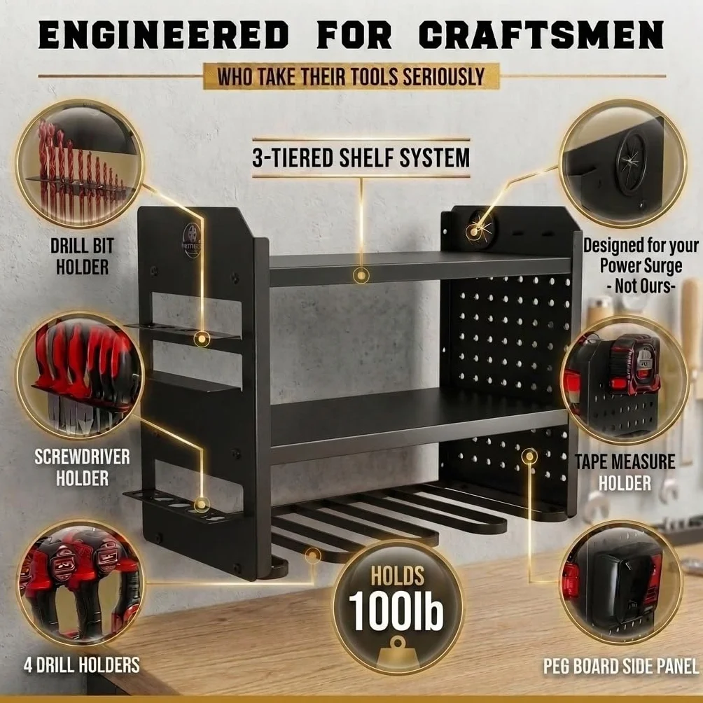 BUILTSTRONG Power Tool Organizer Wall Mount - 3-Tier Heavy-Duty Metal Hand Tool Storage Rack, Utility Racks, Drill Holder, PegBoard Side, & More - Garage Storage Cordless Tool Organizer (Black)