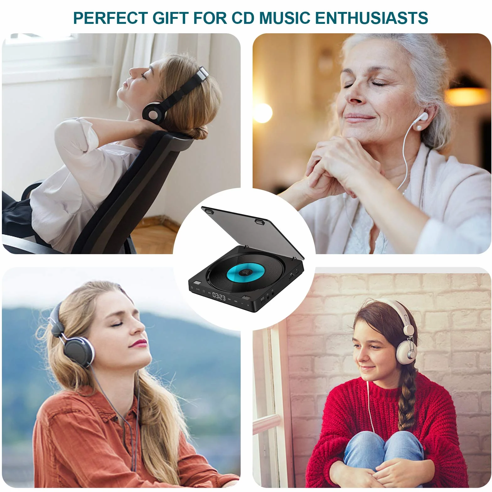 Gueray Przenośny odtwarzacz CD Discman 1200 mAh z podwójnym portem słuchawkowym i słuchawkami
