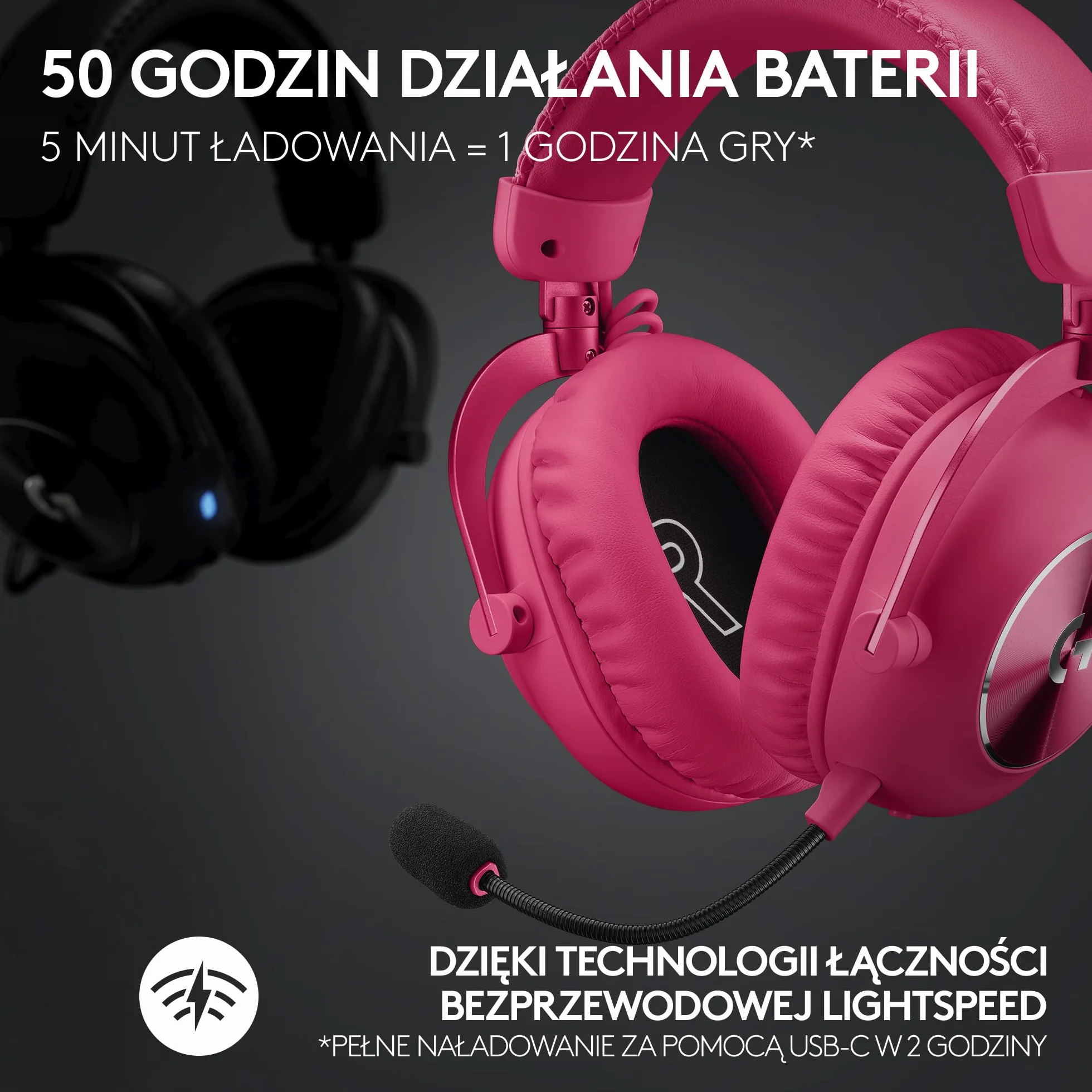 Logitech G PRO X 2 LIGHTSPEED bezprzewodowe słuchawki grafenowe 50 mm DTS:X 2.0–7.1 Surround Bluetooth USB Aux 3,5 mm PC PS5 PS4 Nintendo Switch Magenta