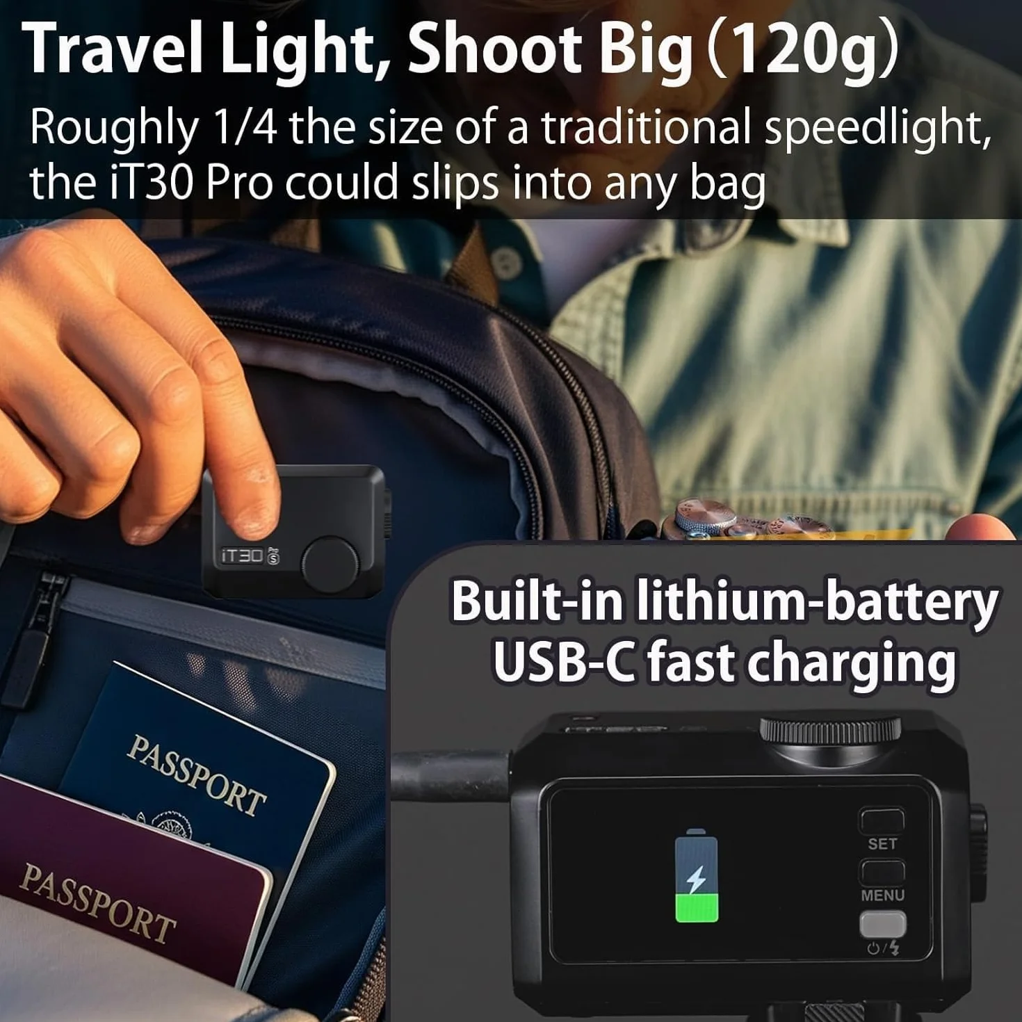 Godox iT30Pro O TTL Mini lampa błyskowa, iT30 Pro O bezprzewodowa lampa błyskowa 2.4G HSS 1/8000 s TTL, z ekranem dotykowym i USB-C, kompatybilna z Olympus i Panasonic E-M1, PEN-F, GH4, GX85 itp.