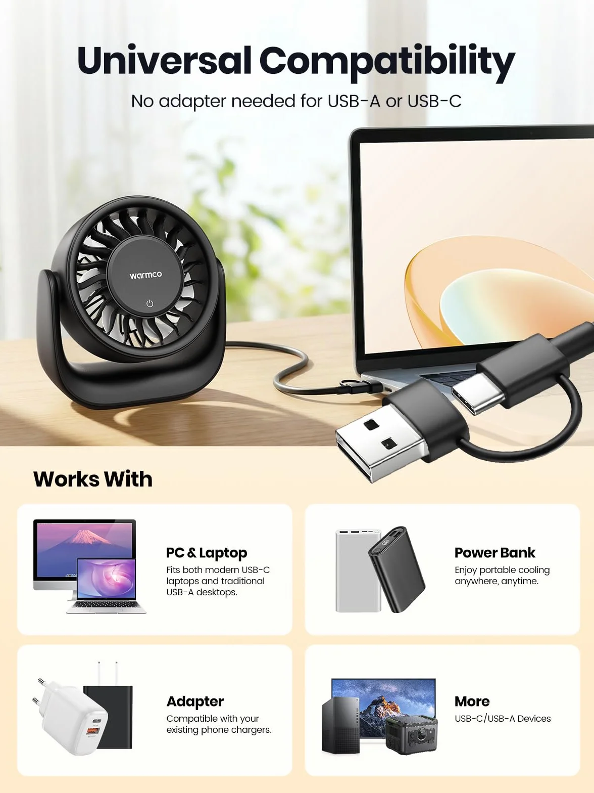 Warmco Wentylator Biurkowy USB Dotykowy, (Zasilanie tylko USB) Mały Wentylator Osobisty, Wtyczka USB-A i USB-C, 3 Prędkości, Silny Nawiew, Cichy do Domu i Biura