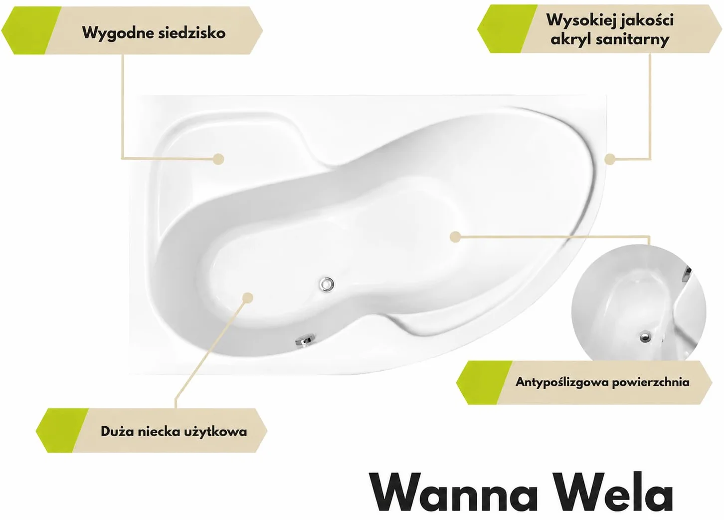 Wanna narożna ECOLAM® WELA 150x100 cm LEWA | Wanna wysokiej jakości, akrylowa, sanitarna, akrylowa + armatura odpływowa, automatyczny odpływ i przelew, silikonowe nóżki, antypoślizgowa, łatwa do czysz