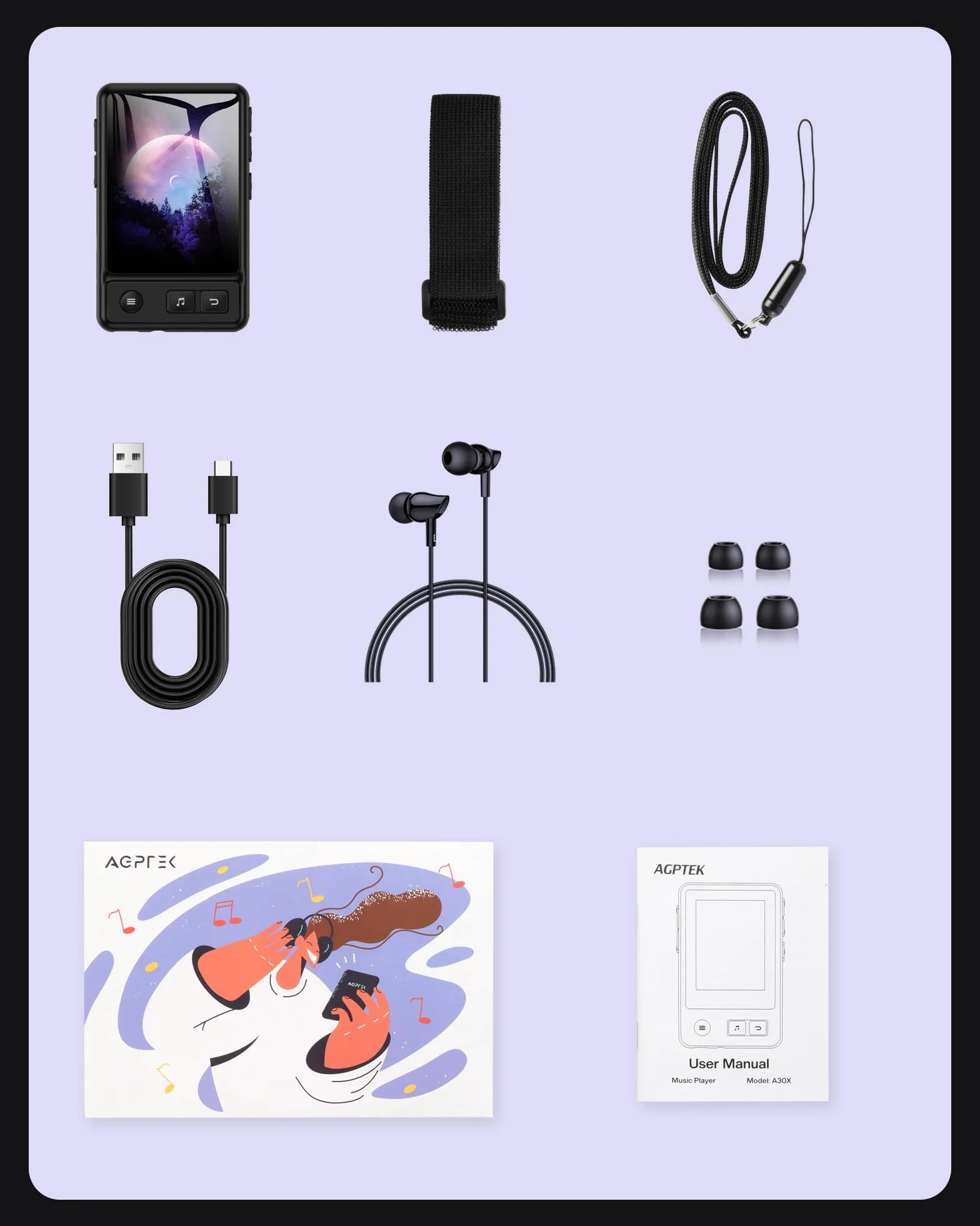 AGPTEK Odtwarzacz MP3 Bluetooth 5.3, 32 GB, ekran dotykowy, sportowy kolorowy ekran TFT 2,4", obsługuje karty TF do 128 GB, odtwarzacz z klipsem, wbudowany głośnik, radio FM, e-book, dźwięk HiFi,