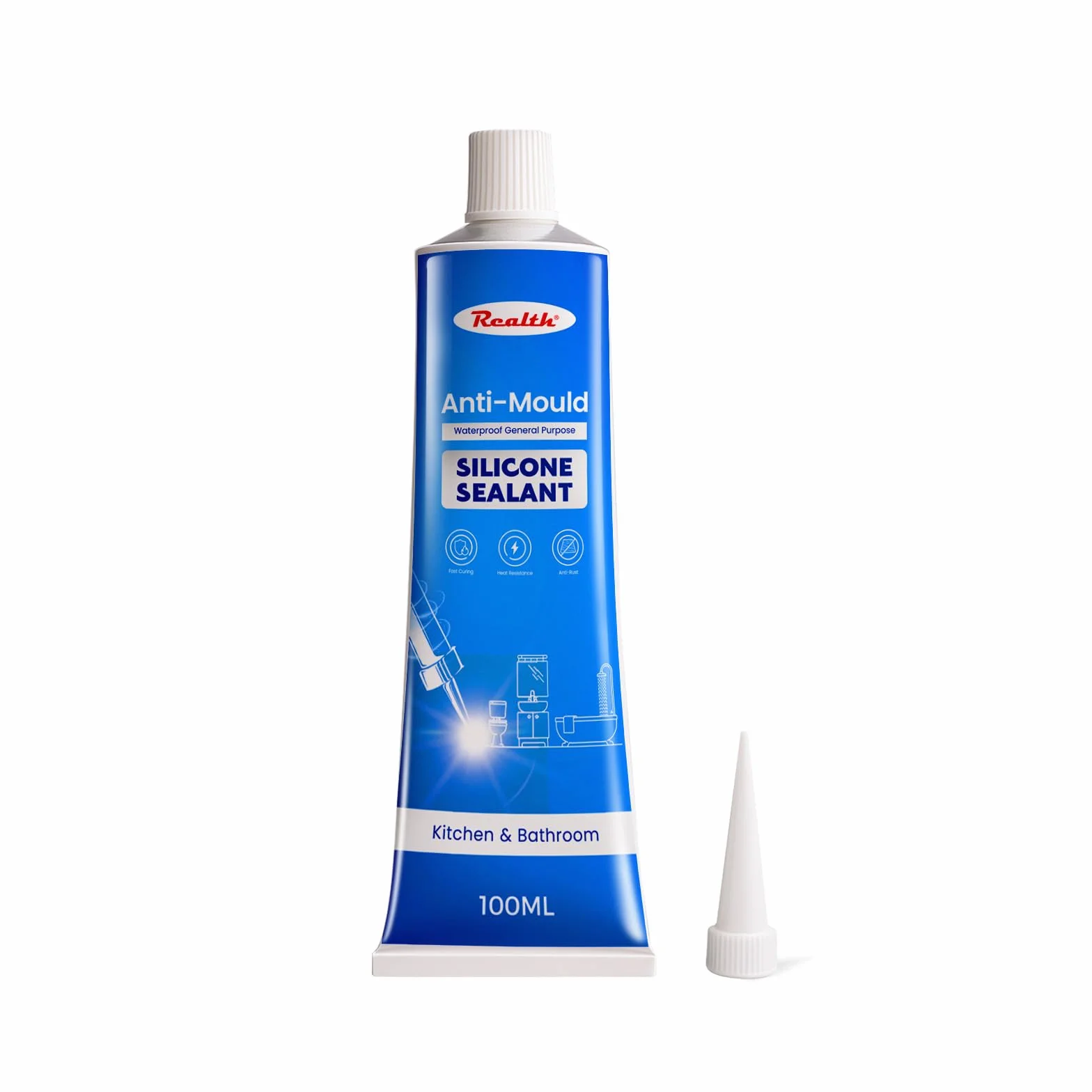 Realth Sanitarny środek uszczelniający do kuchni/łazienki 100 ml | przezroczysty | Długa sanitarna silikonowa uszczelka | Trwałość na wielu | Prysznice toaletowe do płytek okiennych