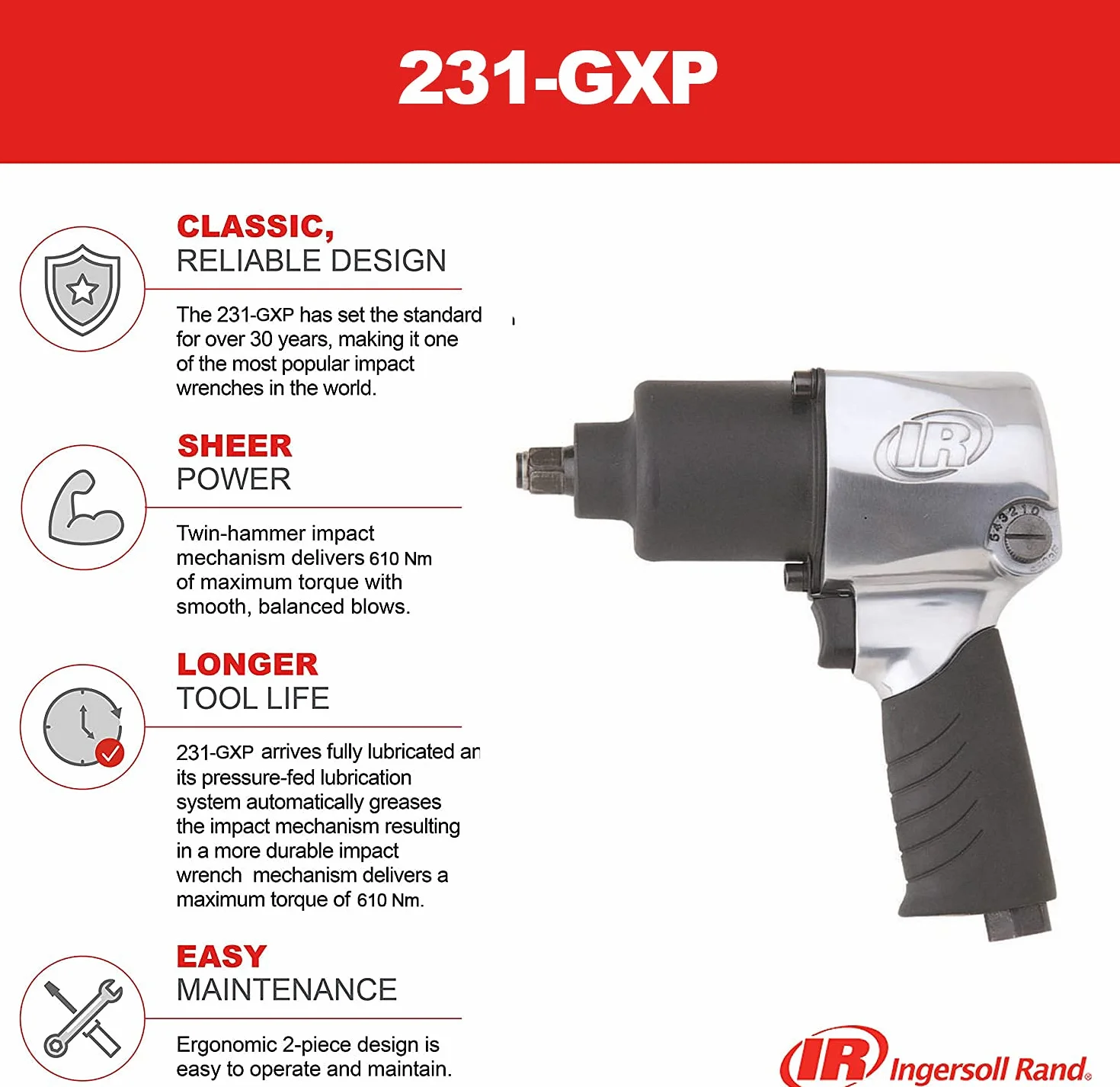 Ingersoll Rand 231GXP Pneumatyczny Klucz Udarowy 1/2 cala Czarny 610 Nm maksymalny moment trwałość i niezawodność