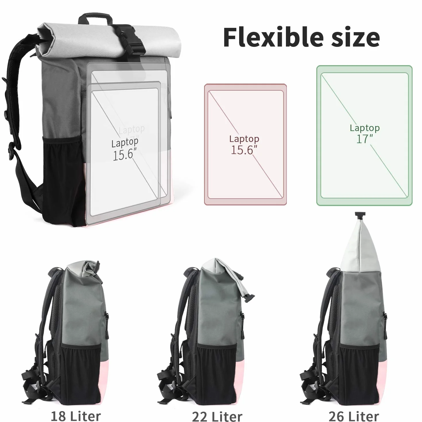 Plecak Rolltop Women na laptopa 17,3 cala z portem USB, szkolny, sportowy, różowy szary 26L