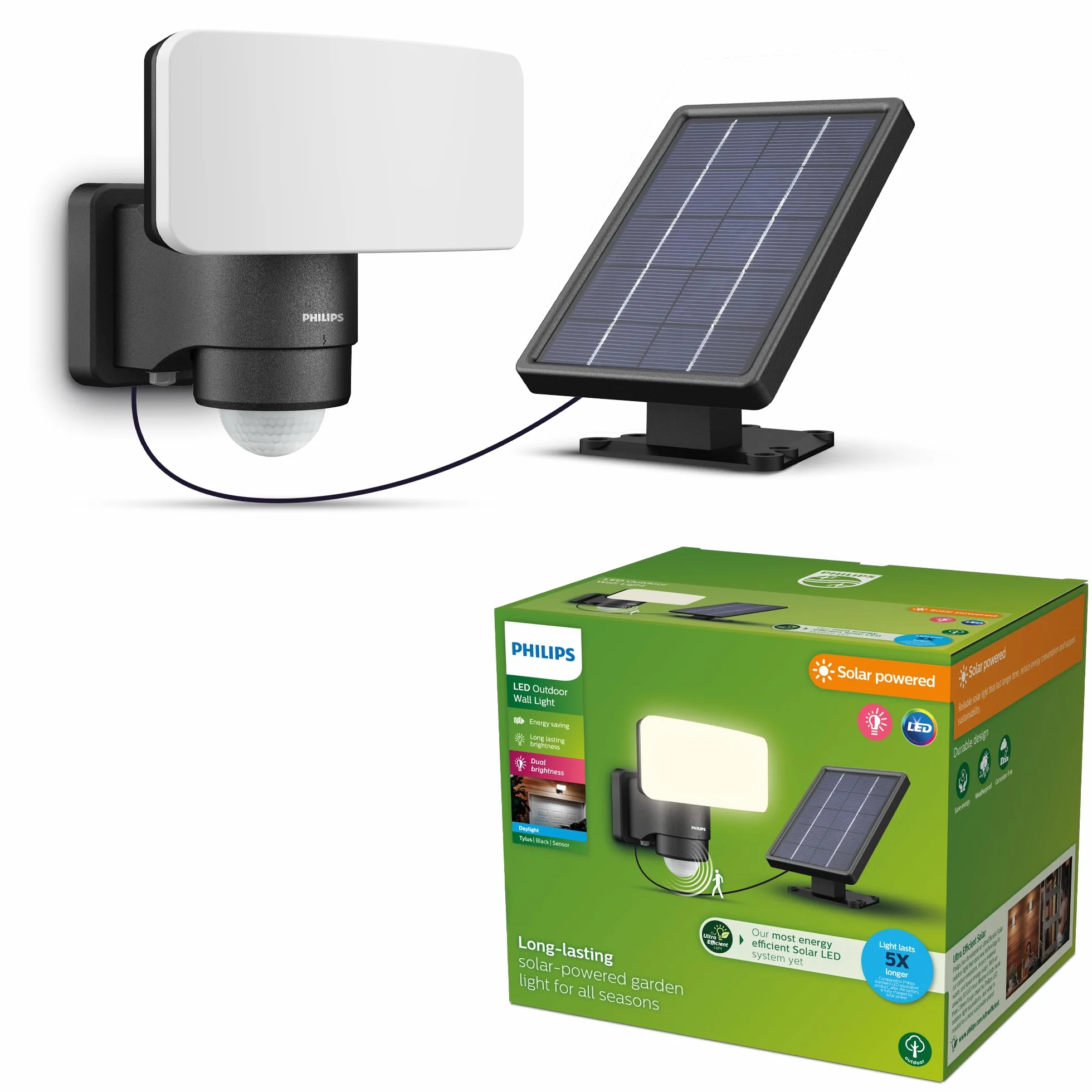 Philips Tylus UltraEfficient Zewnętrzna Lampa Solarna Bezpieczeństwa z Czujnikiem, 5000K, 1000/50lm, Czarna