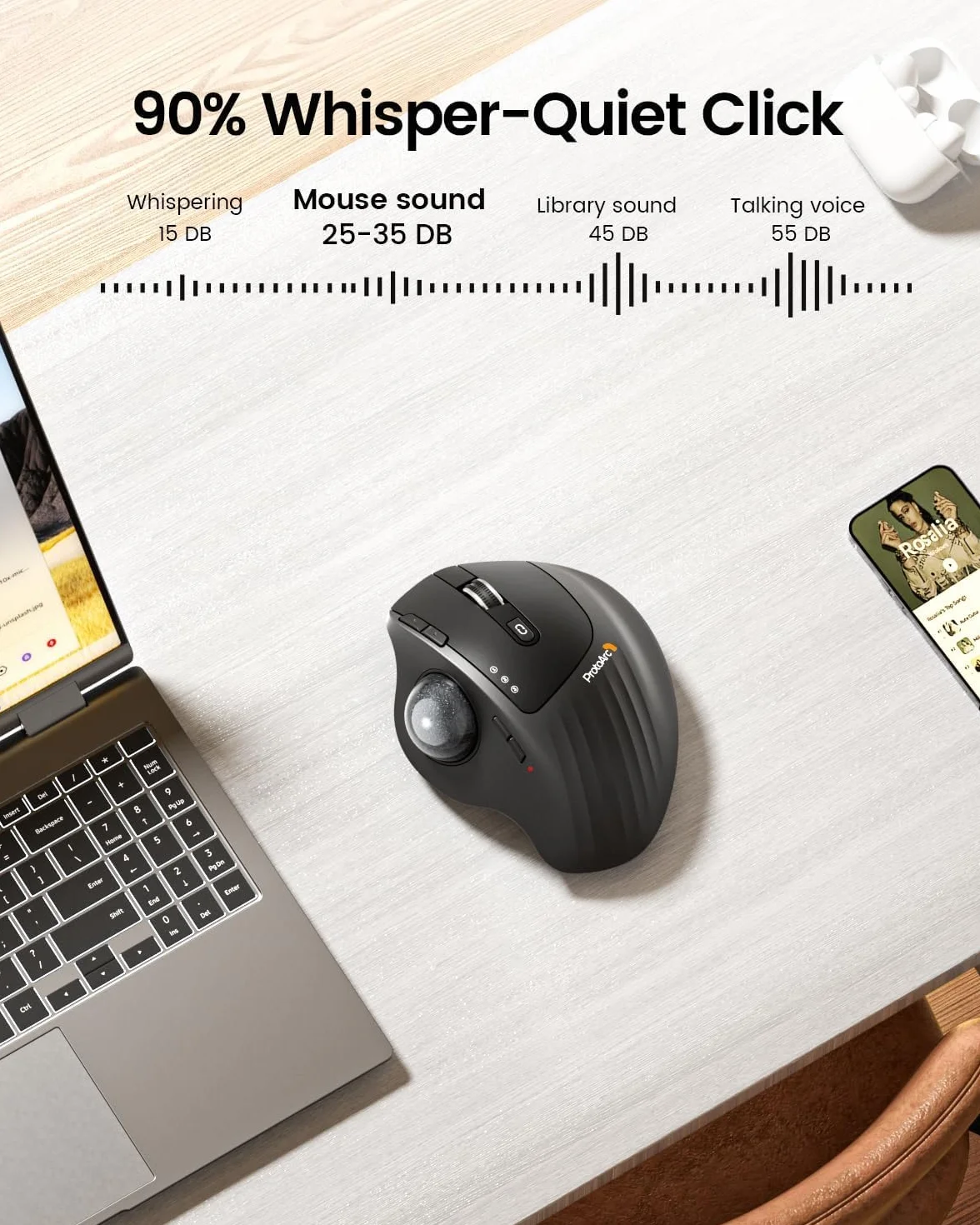 ProtoArc EM01 Bezprzewodowa mysz Trackball ergonomiczna Bluetooth ładowalna regulowany kąt 3 przyłącza szara