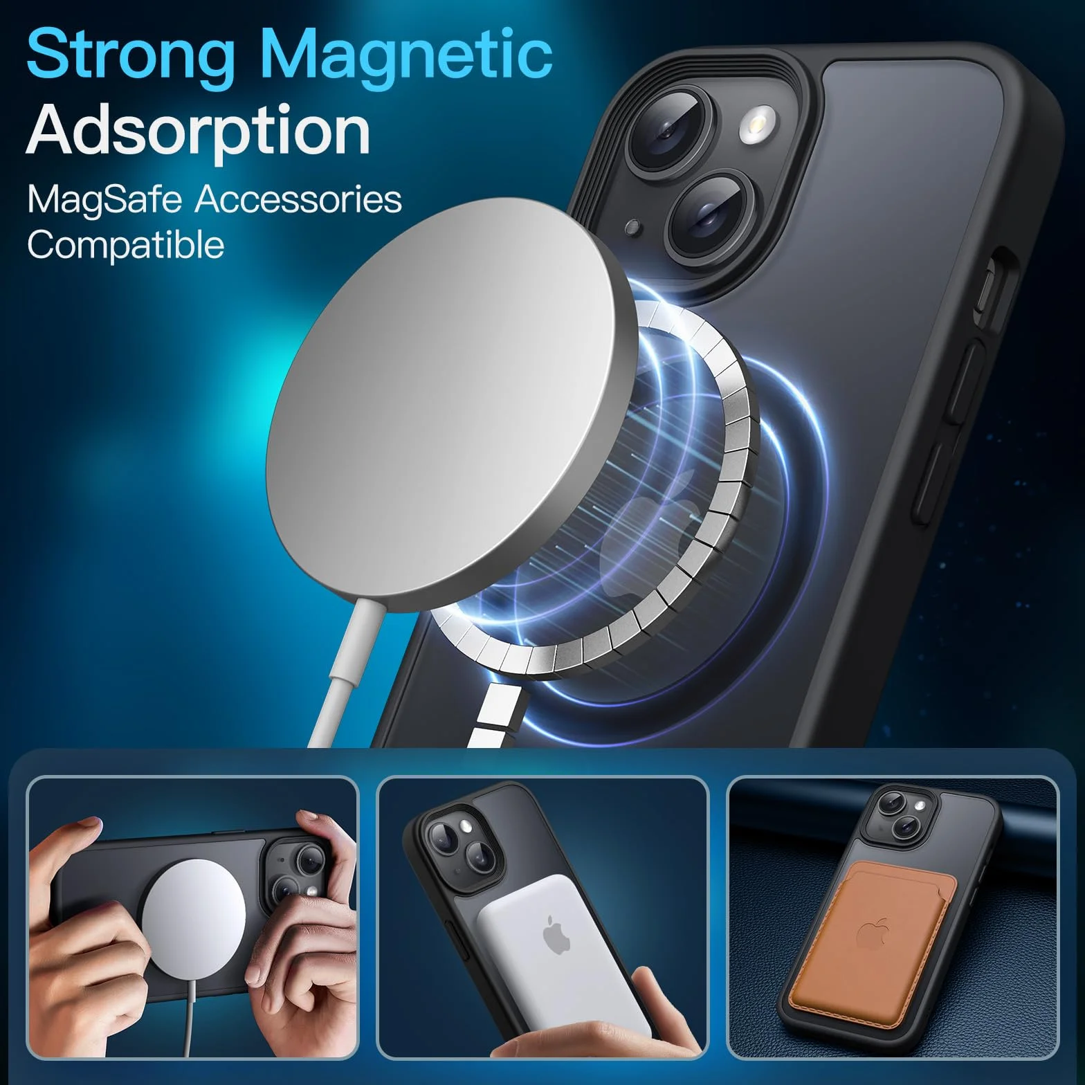JETech Etui Magnetyczne 3 w 1 iPhone 15 6,1 Cala Szkło Hartowane MagSafe Czarny