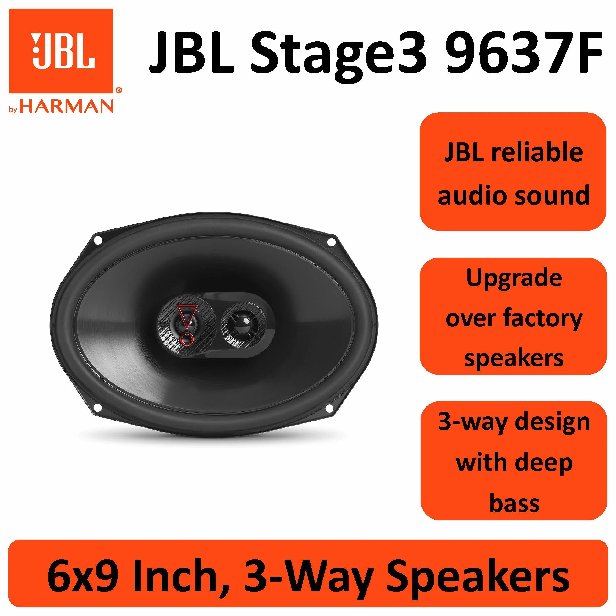 JBL Stage3 9637F 3-drożny zestaw głośników samochodowych Harman Kardon bez kratki, 375 W, owalne głośniki samochodowe, 6" x 9" (152 mm x 230 mm)