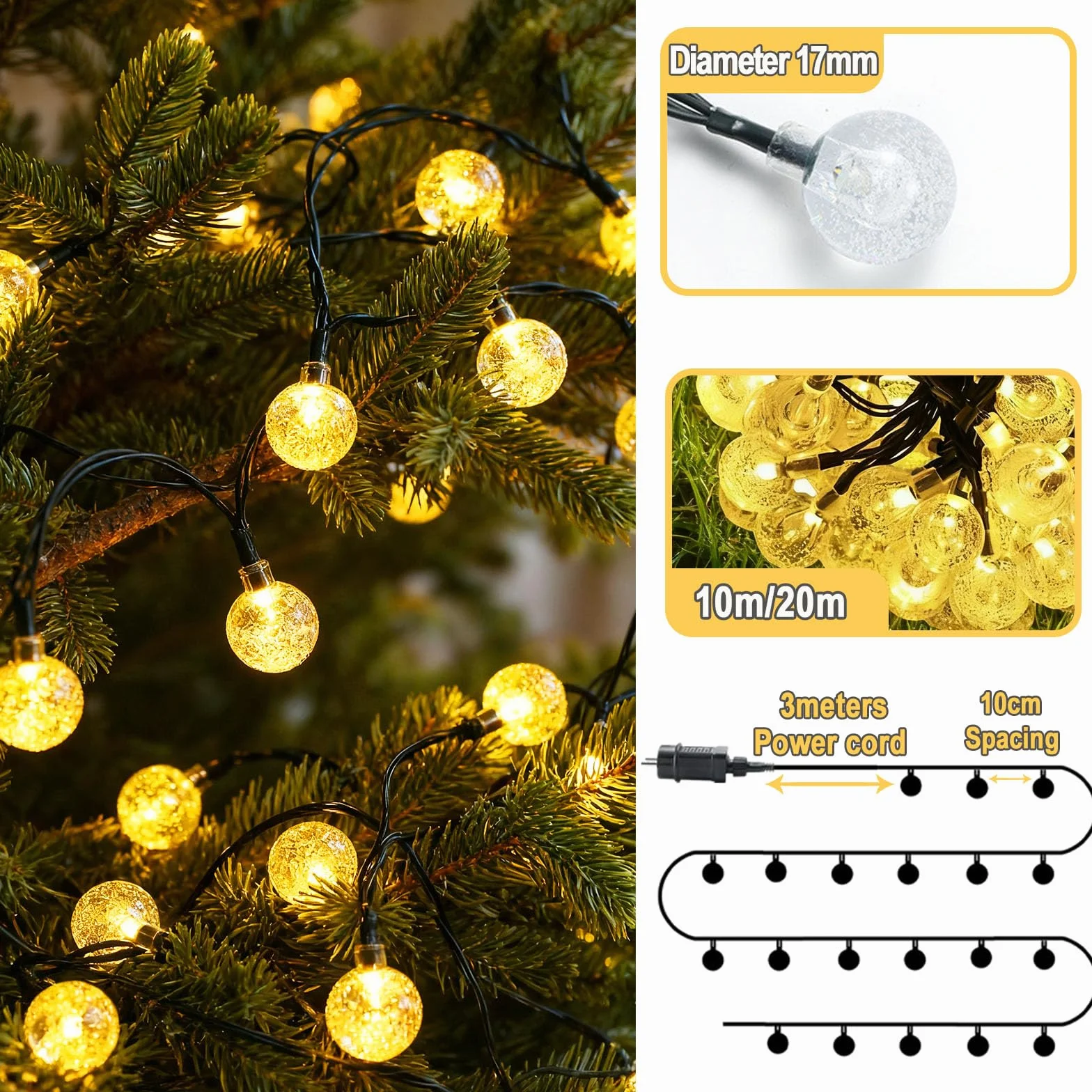 Łańcuch świetlny zewnętrzny 10 m, 100 diod LED, łańcuch świetlny z kryształową kulką, wodoszczelny, z wtyczką, 8 trybów pracy i timerem, do użytku wewnątrz i na zewnątrz, na balkon, do ogrodu