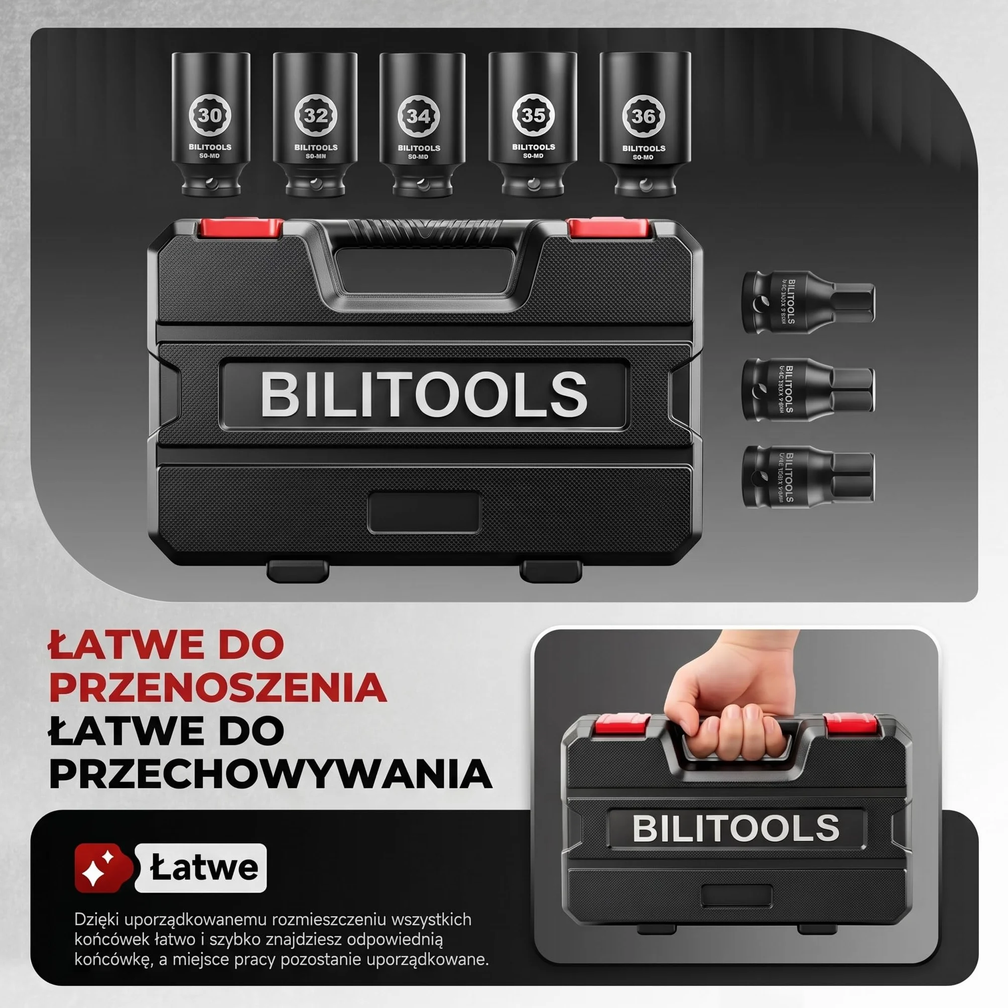 BILITOOLS Zestaw nasadek udarowych wrzeciona 1/2" | 12-punktowy | CR-MO | 14-17 - 19-30 - 32-34 - 35-36 mm