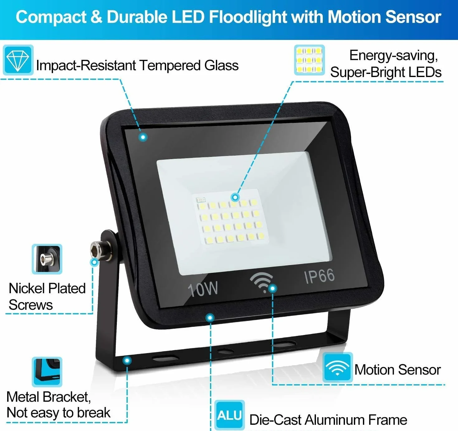 lampy solarne do użytku na zewnątrz, Reflektory LED z czujnikiem 1000 LM, zewnętrzne światła bezpieczeństwa IP66 do świateł na podwórkach, i garażach(10W)
