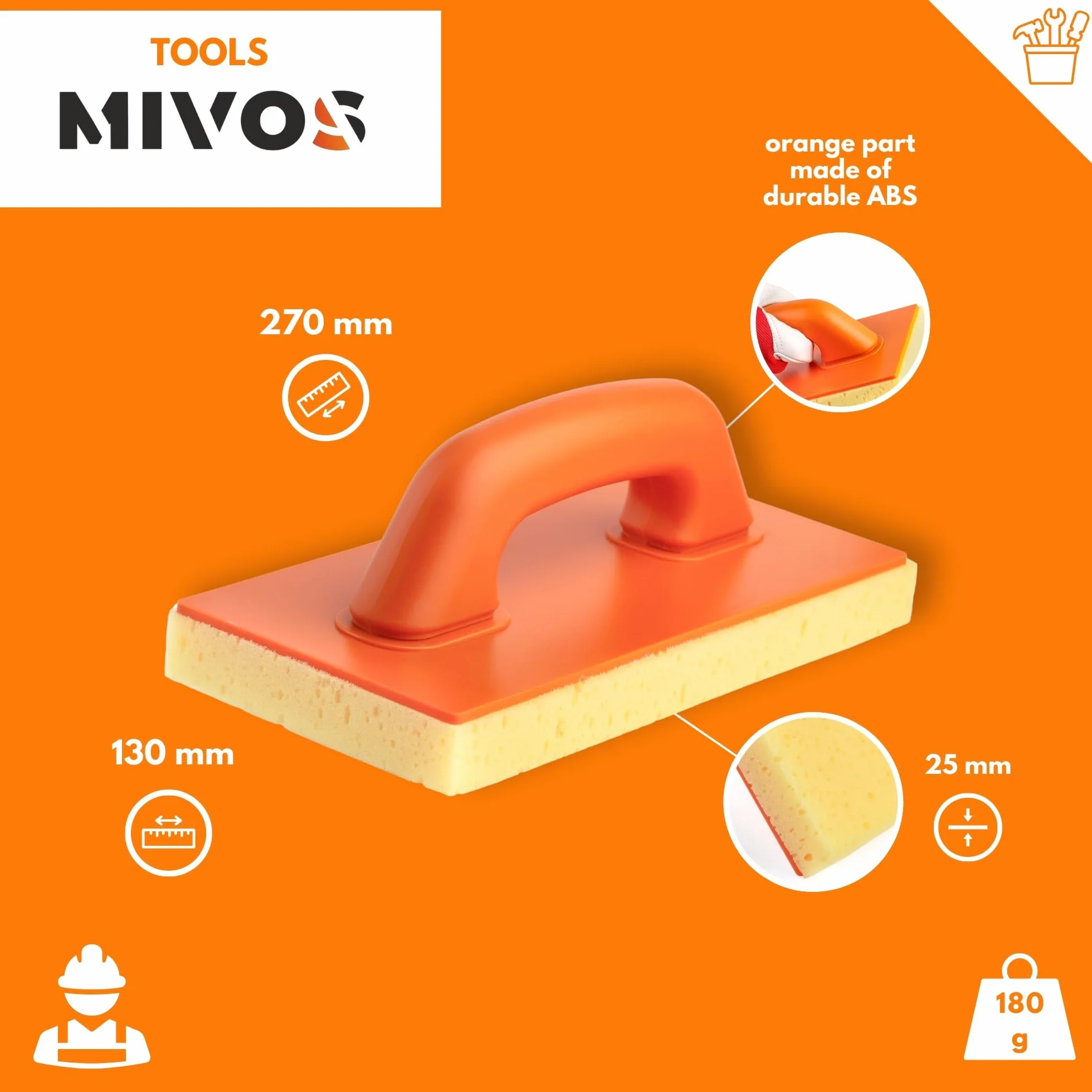 MIVOS Paca do mycia płytek z 25 mm warstwą gąbki - 270 x 130 mm - Paca poliuretanowa z hydrogąbką - Gąbka do szwu - Paca do spoinowania z gąbką płytkową - Wyprodukowane w UE