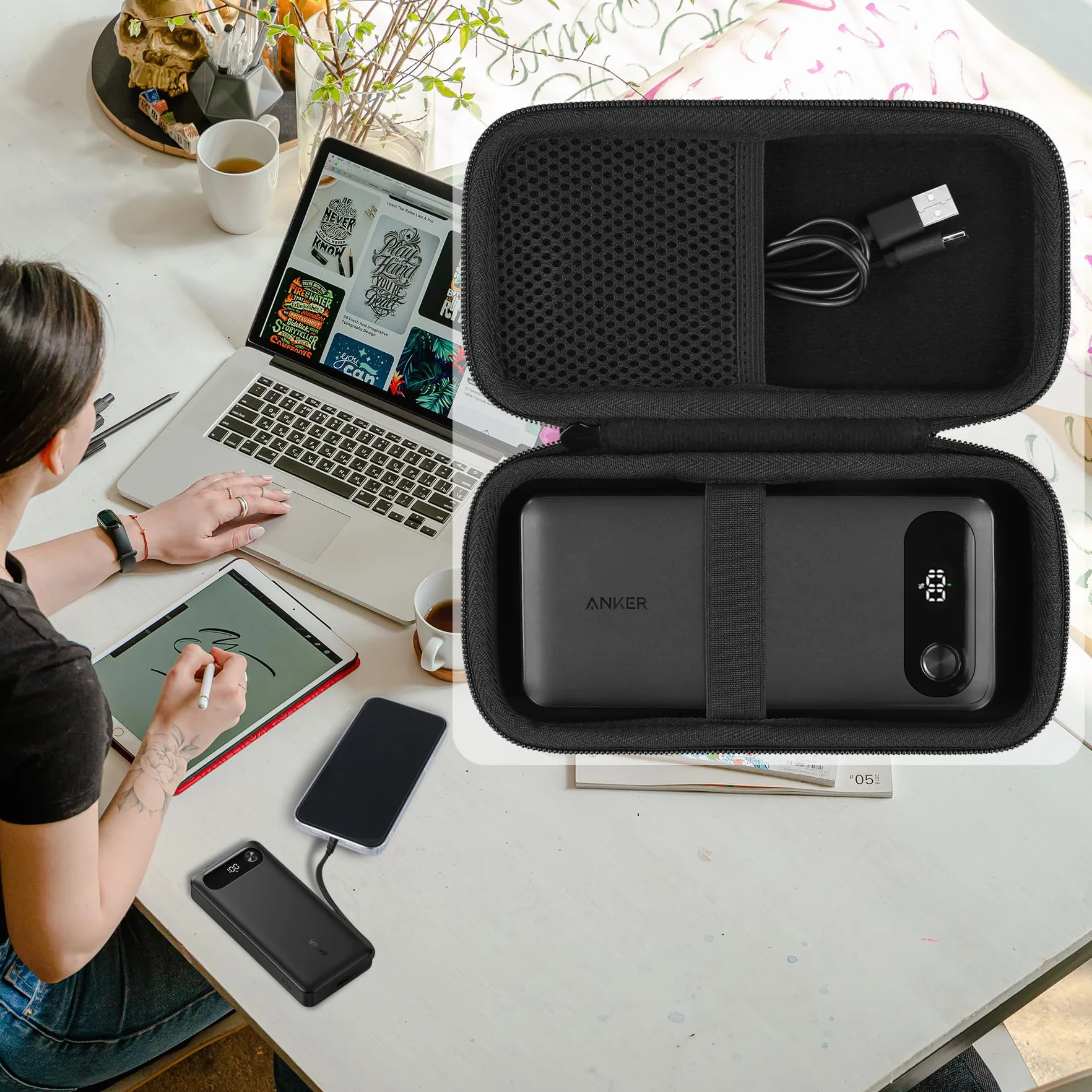 Khanka (tylko etui) twarda torba do przenoszenia Anker Power Bank 20 000 mAh przenośna ładowarka z wbudowanym kablem USB-C, podróżna torba do przechowywania na maks. 87 W akumulator do szybkiego