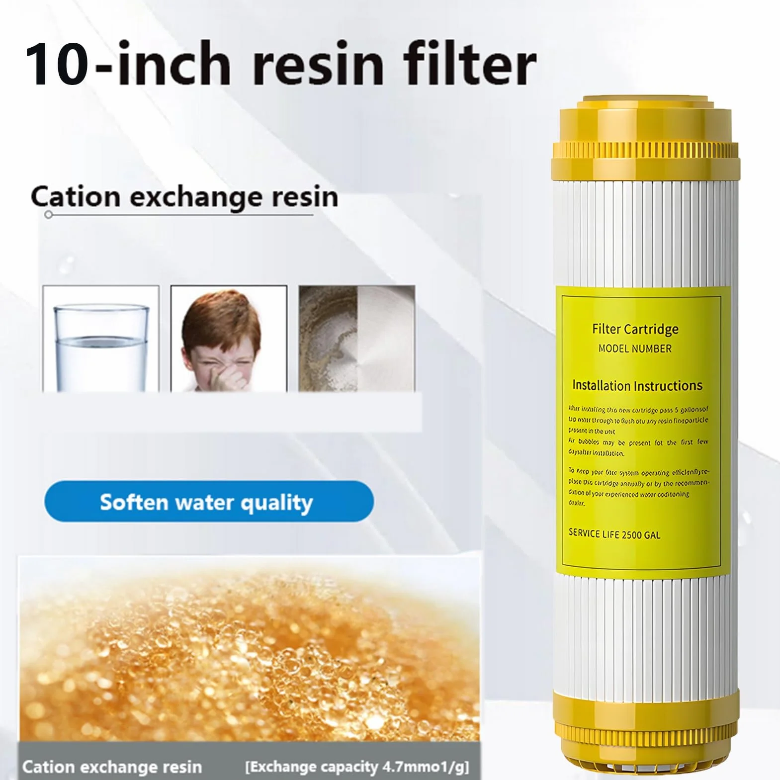 Wkład zmiękczający wodę z żywicą kationową 10" x 2,5", filtr wymienny, do 10-calowych systemów filtrów wody do całego domu (opakowanie 3 szt.)