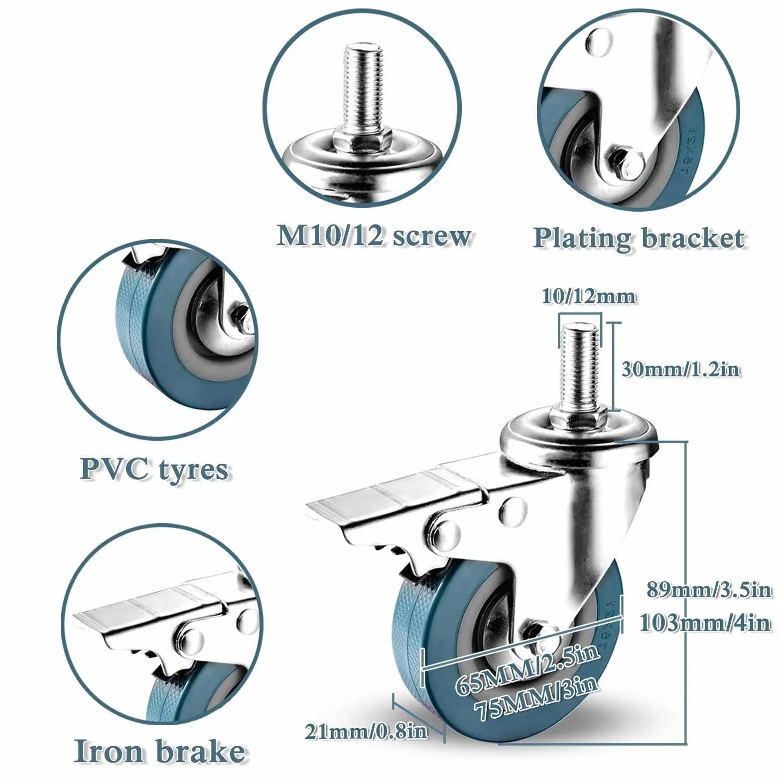 Zestaw 4 ciężkich kół skrętnych z hamulcem, gwint M10 12 x 30 mm, kółka do transportu mebli i wózków, do zastosowań przemysłowych i przeładunkowych