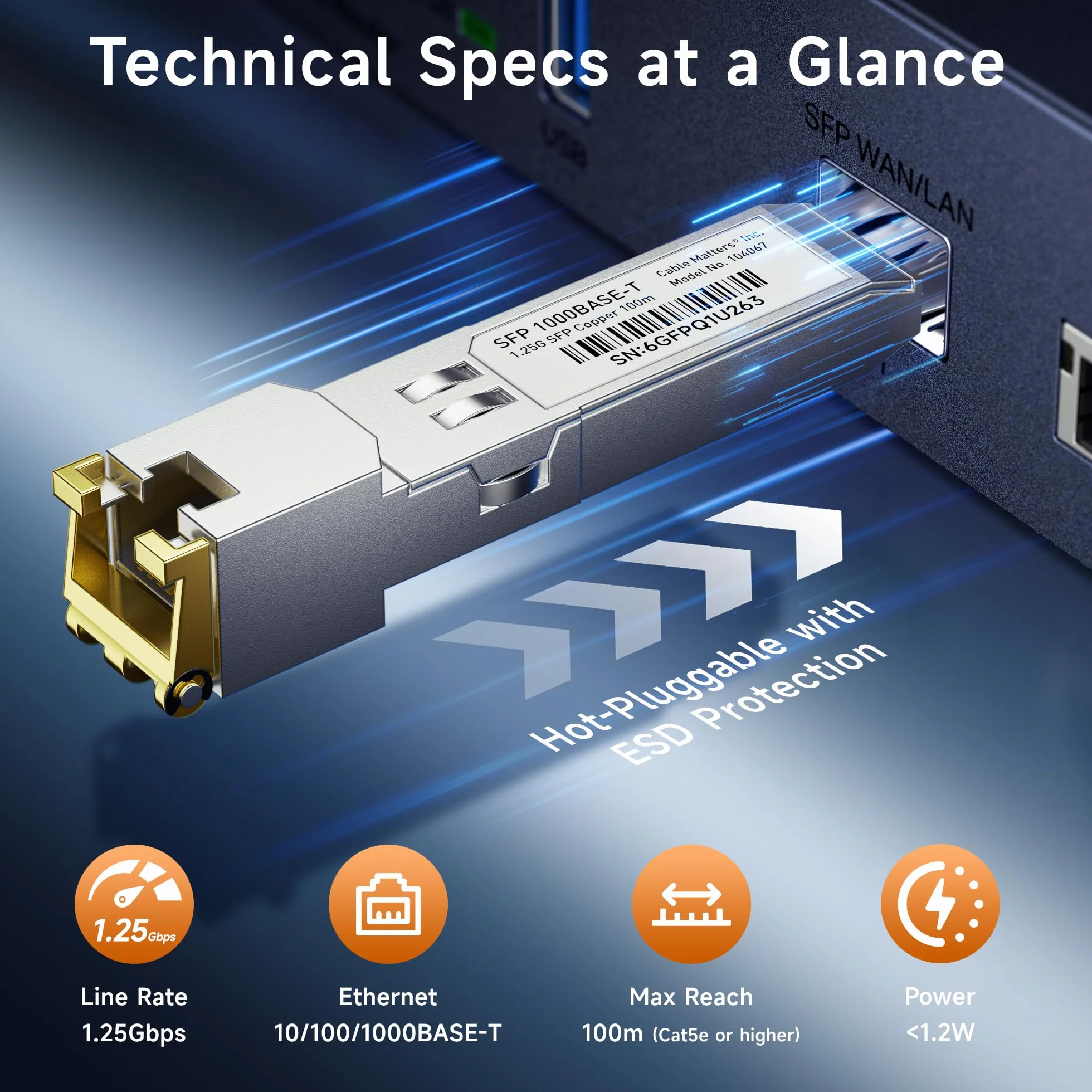 Cable Matters 1000BASE-T Gigabit SFP RJ45 Miedziany Moduł Nadawczo-Odbiorczy Ethernet dla Cisco Ubiquiti TP-Link