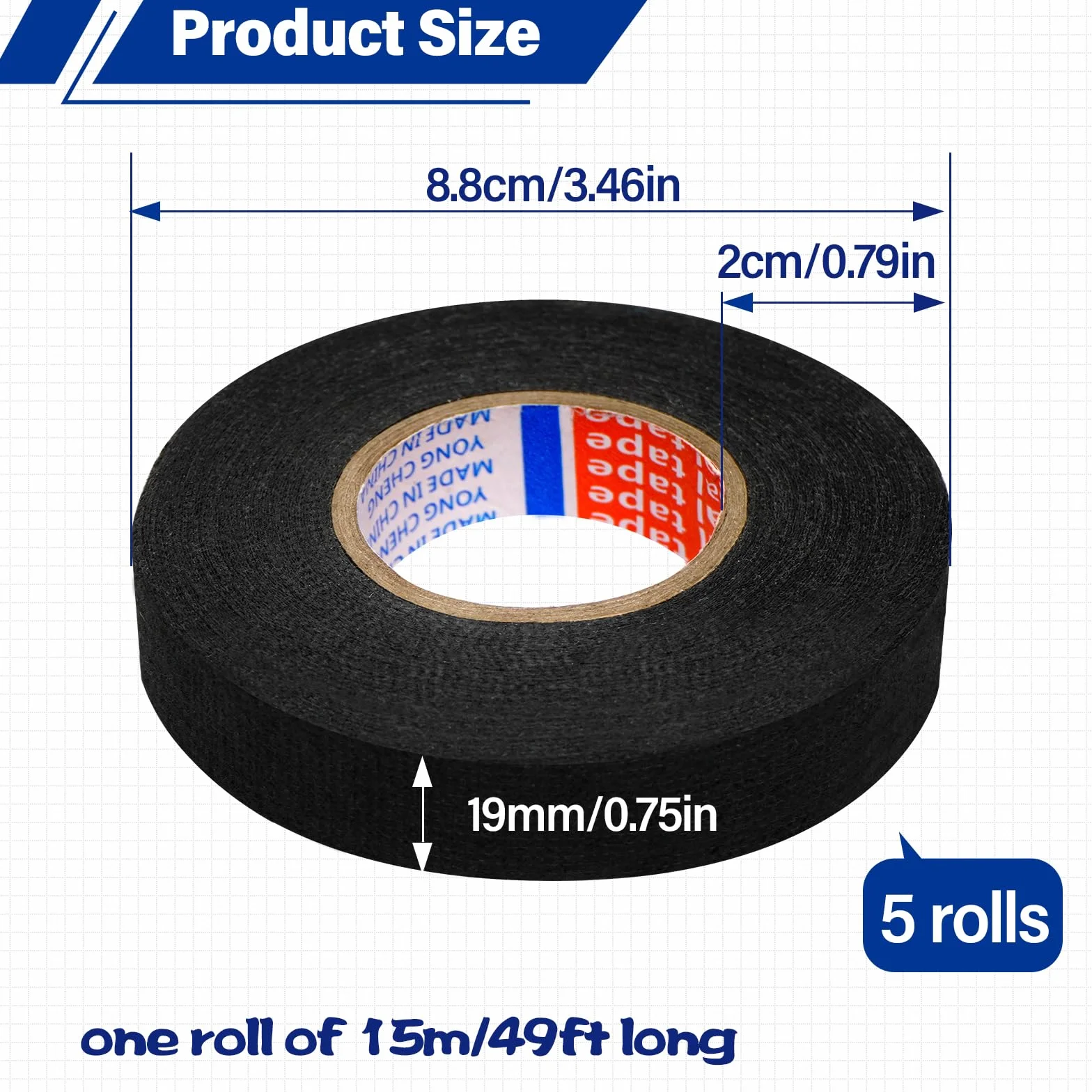 5 rolek taśmy filcowej do samochodu, 19 mm x 15 m, samoprzylepna taśma izolacyjna, dla elektryków, czarna, wodoszczelna, elektryczna taśma izolacyjna do wiązek kabli, elektryczna taśma klejąca