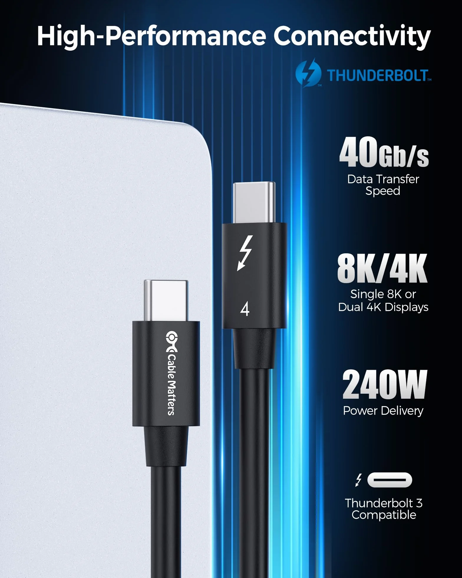 Certyfikowany kabel USB4 Thunderbolt 4 40 Gb/s 8K 100 W 0,8 m