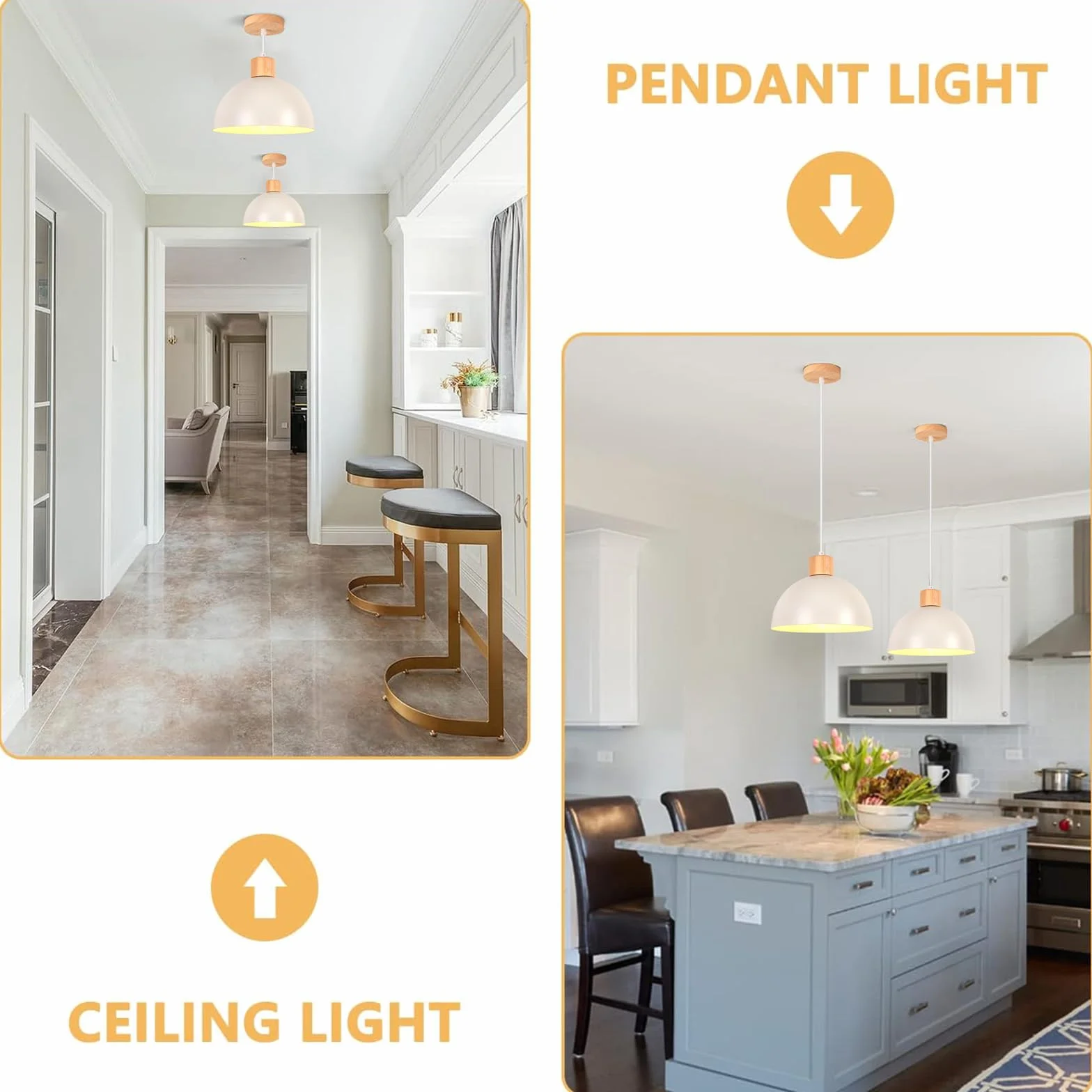 iDEGU Zestaw 2 żyrandoli wiszących w stylu retro, nowoczesny styl, półokrąg, lampa sufitowa E27, drewniana metalowa lampa wisząca do jadalni, kuchni, salonu, sypialni, Ø 25 cm (biały)